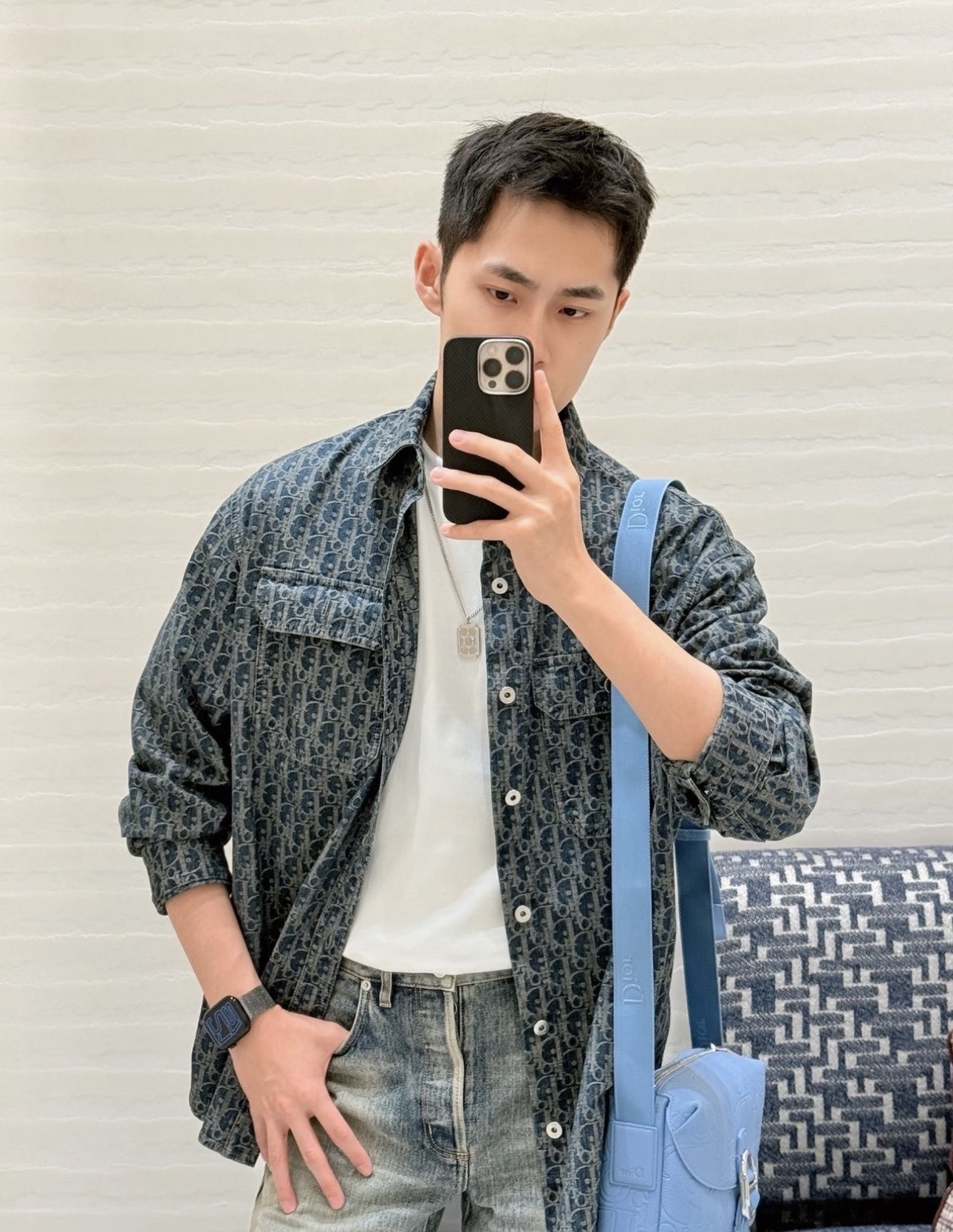 Oblique-Pattern Denim Overshirt — product photograph
