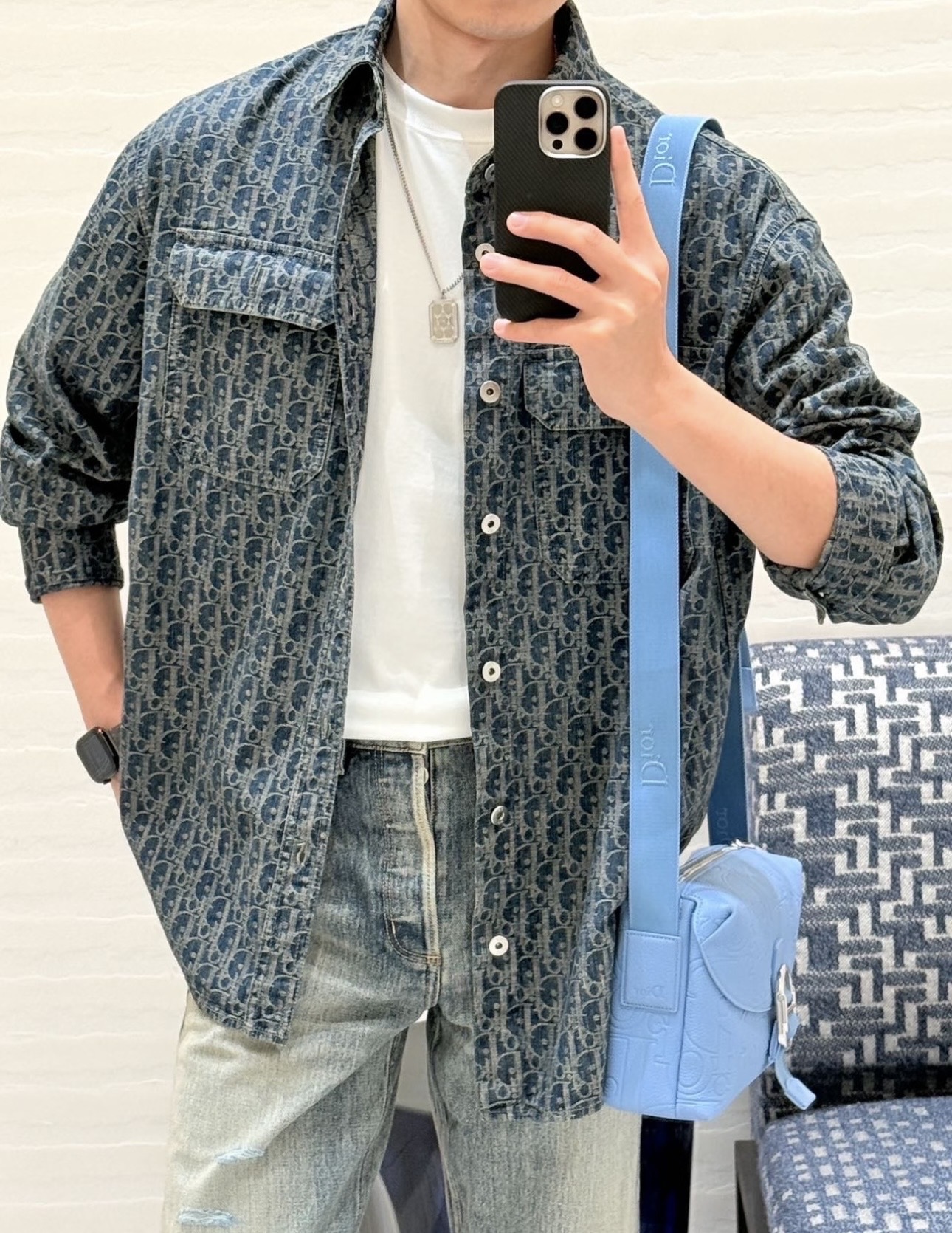 Oblique-Pattern Denim Overshirt — product photograph