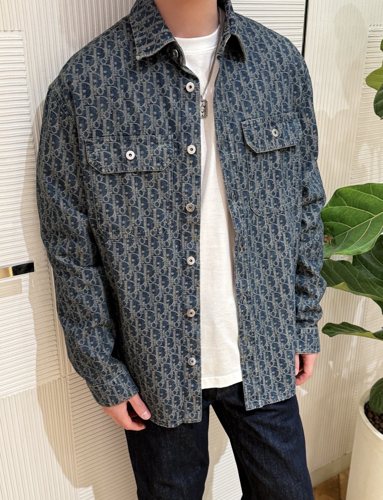 Oblique-Pattern Denim Overshirt — product photograph