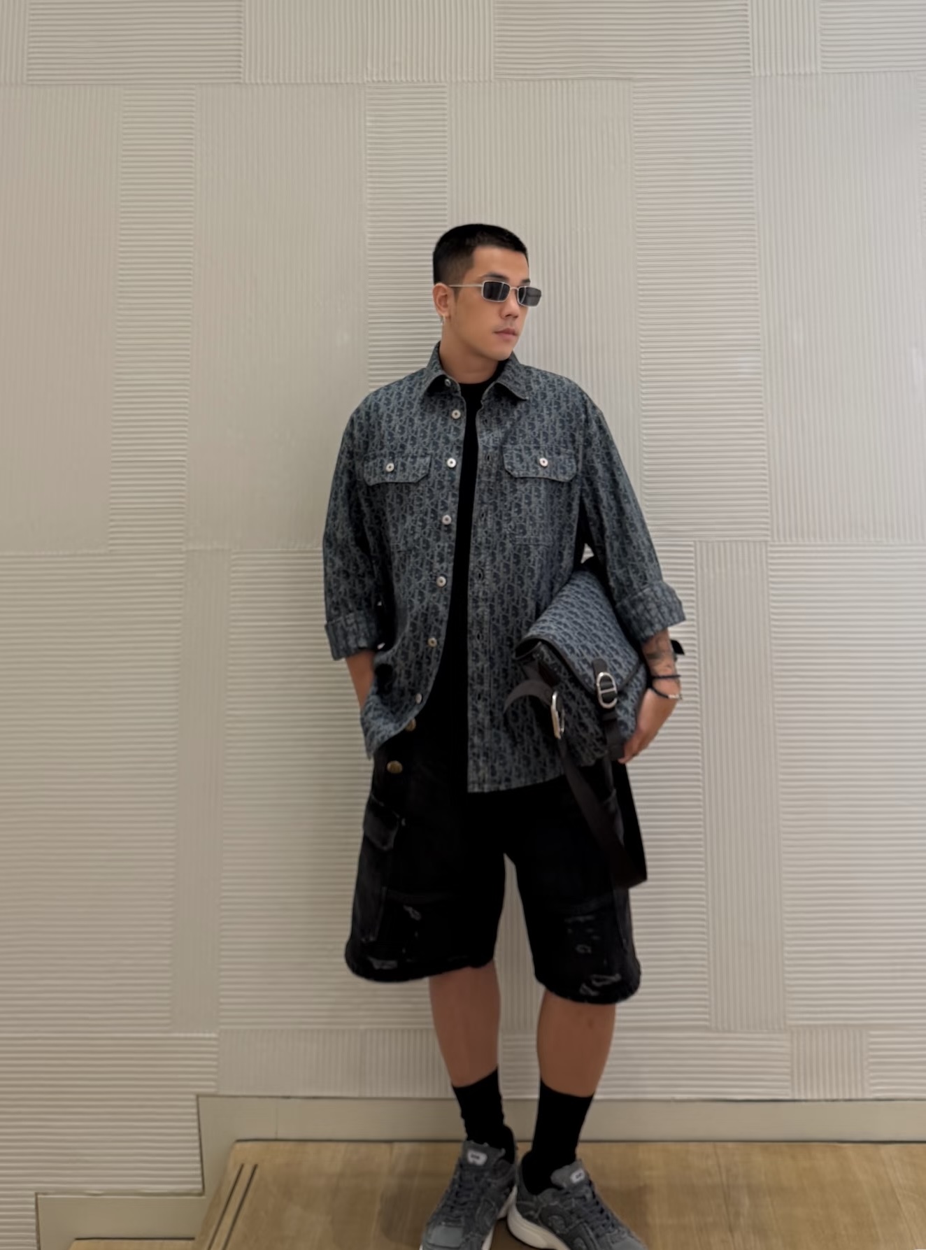 Oblique-Pattern Denim Overshirt — product photograph