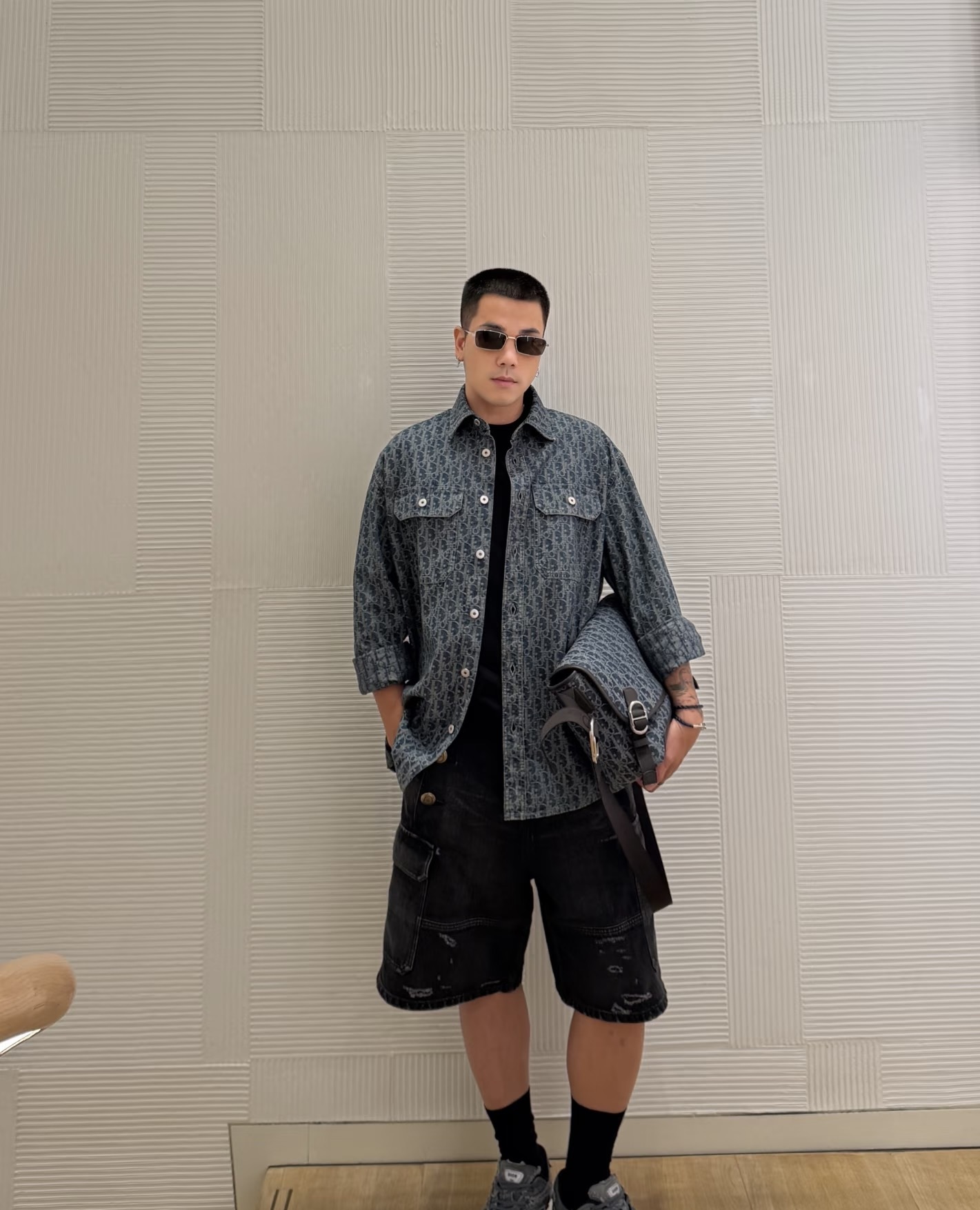 Oblique-Pattern Denim Overshirt — product photograph