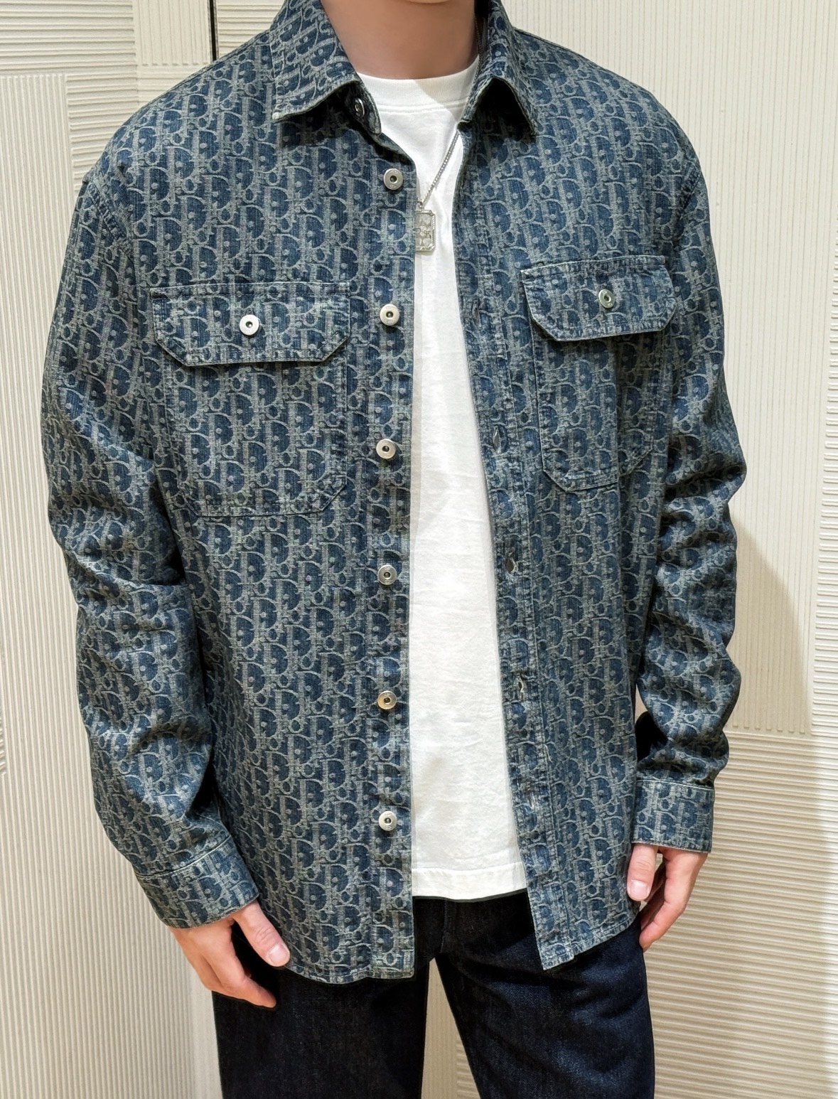 Oblique-Pattern Denim Overshirt — product photograph