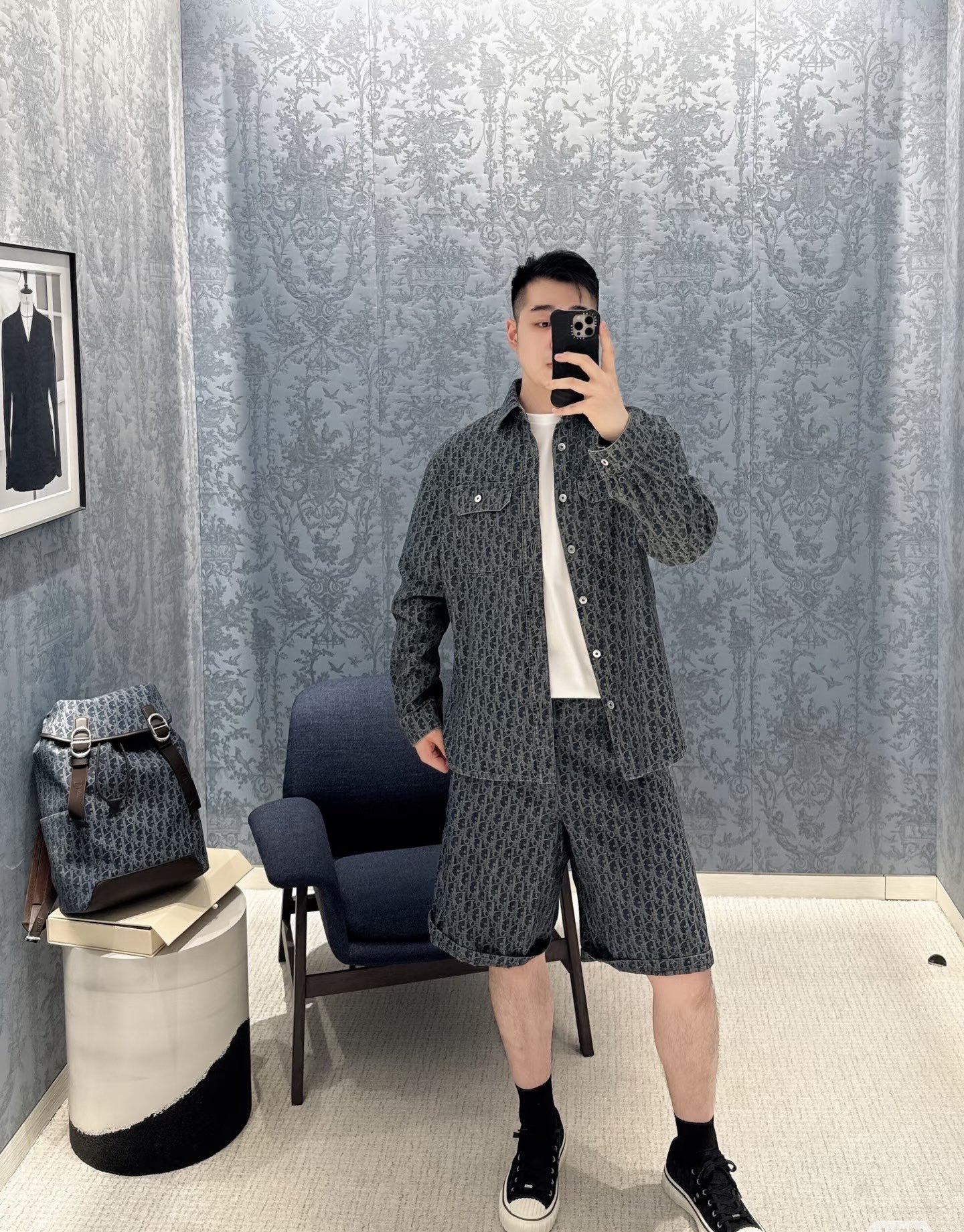 Oblique-Pattern Denim Overshirt — product photograph
