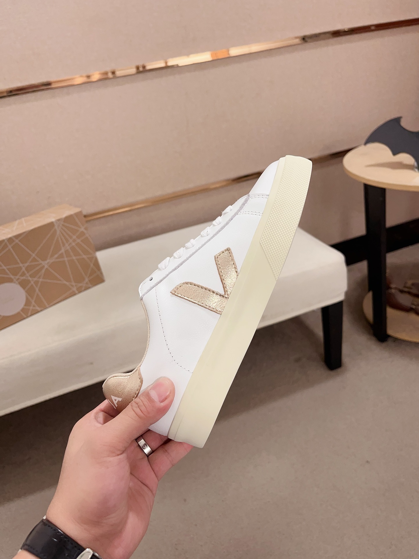 VEJA Unisex Leather Sneakers Casual Lace-Up Sneakers in White and Gold 6 i1730172608 5769 3