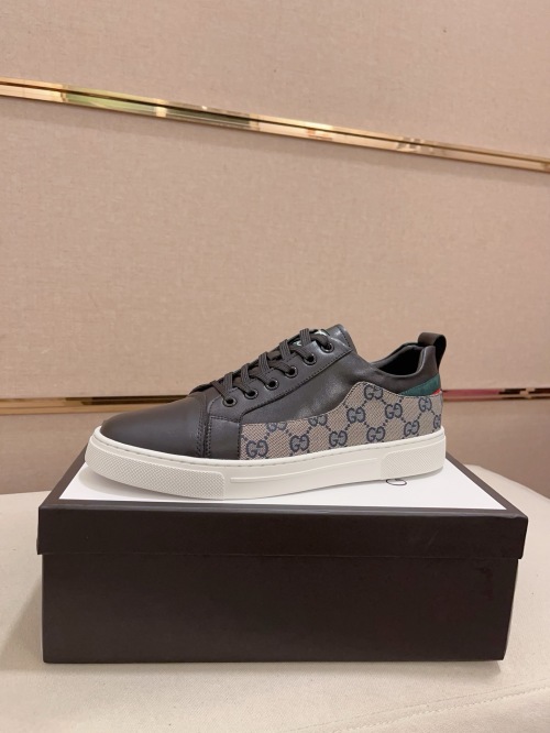 Gucci Men's Leather Lace-Up Sneakers with GG Supreme Canvas Trim 1 Gucci Men's Leather Lace-Up Sneakers with GG Supreme Canvas Trim