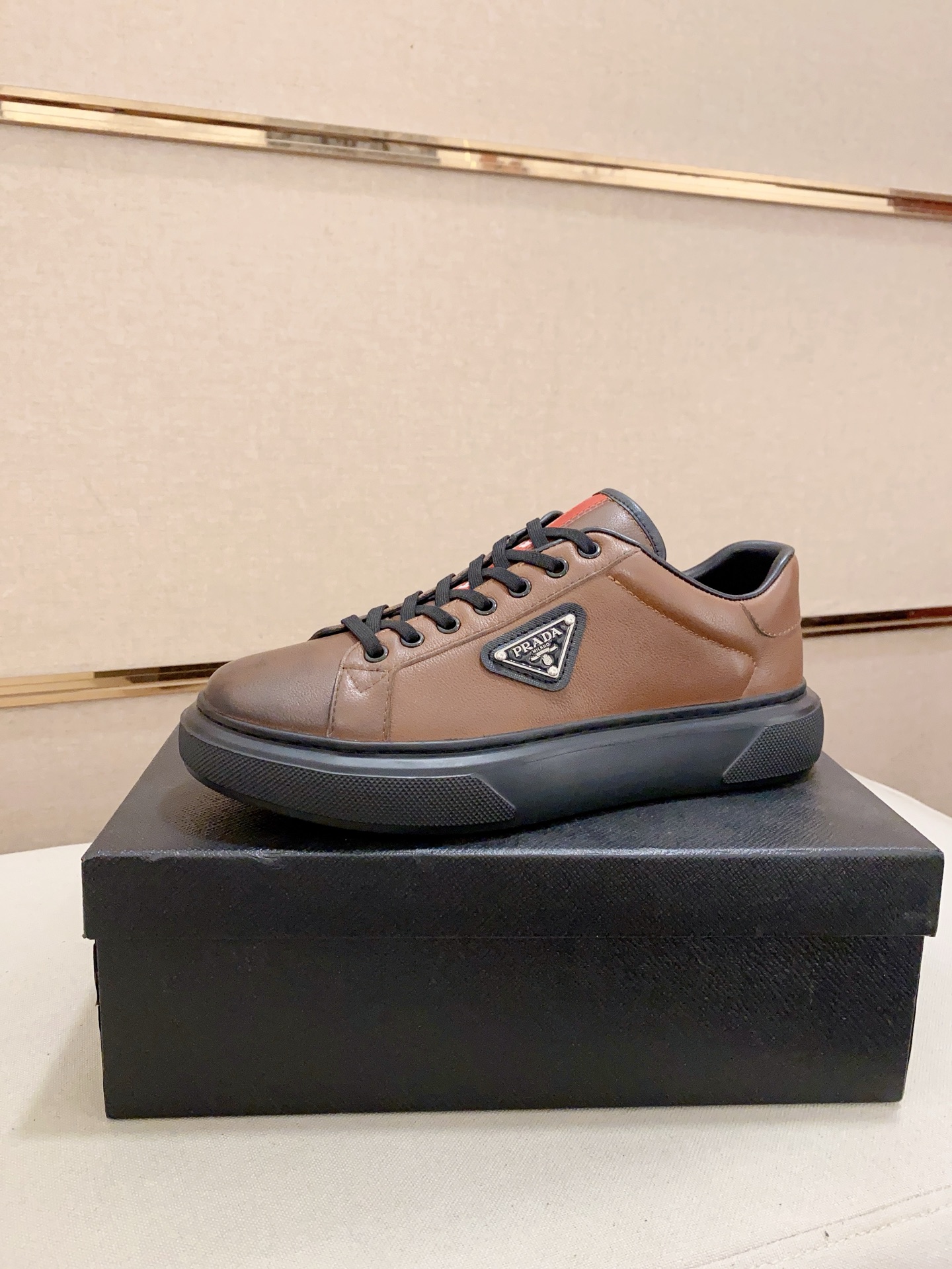 Prada Men's Brown Leather Low Top Sneakers - Classic & Comfortable