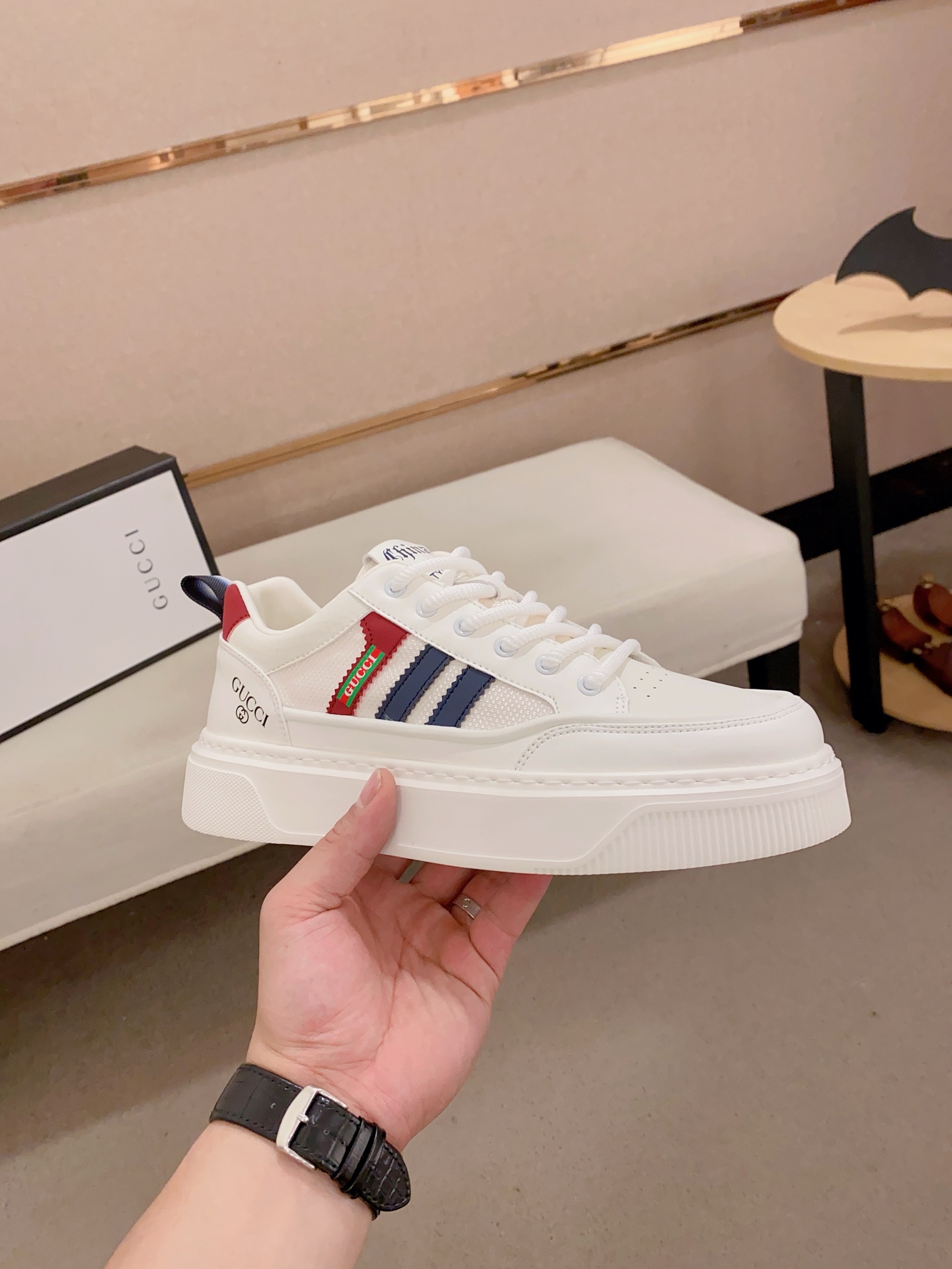 Gucci Men's White Leather Platform Sneakers with Striped Detail, Sizes 38-44 5 i1741934691457 1664 0 3