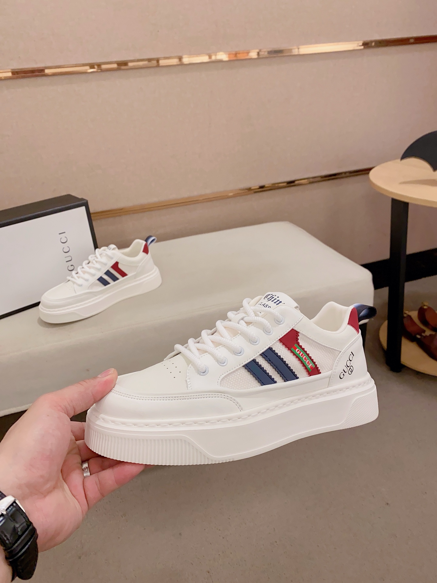 Gucci Men's White Leather Platform Sneakers with Striped Detail, Sizes 38-44 4 i1741934691467 5727 0 2