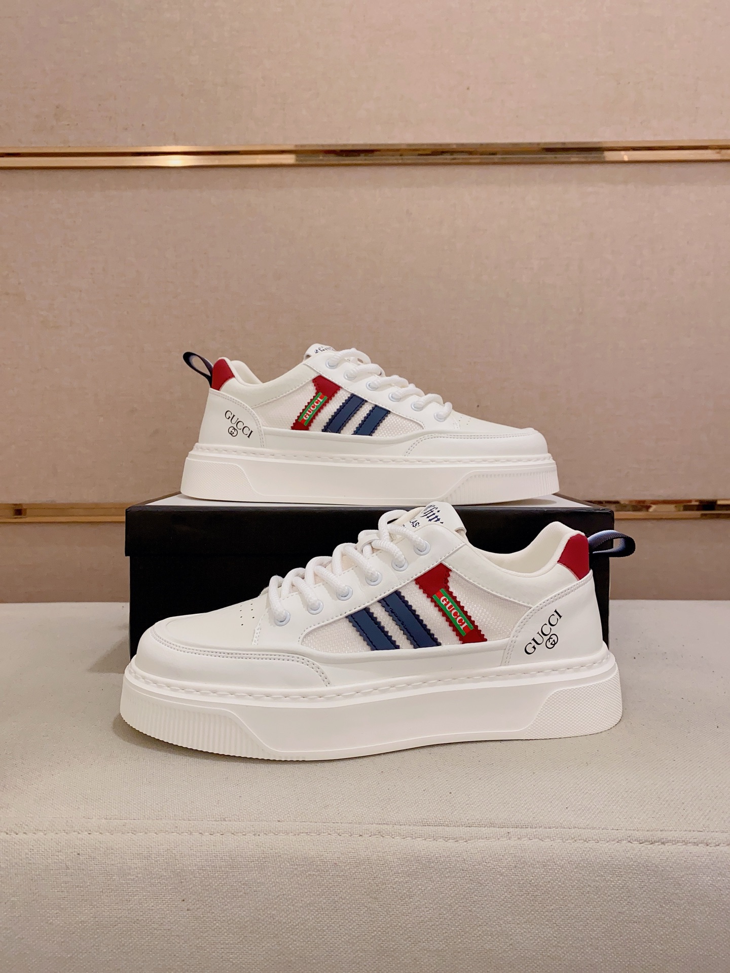 Gucci Men's White Leather Platform Sneakers with Striped Detail, Sizes 38-44 8 i1741934692418 4527 0 6