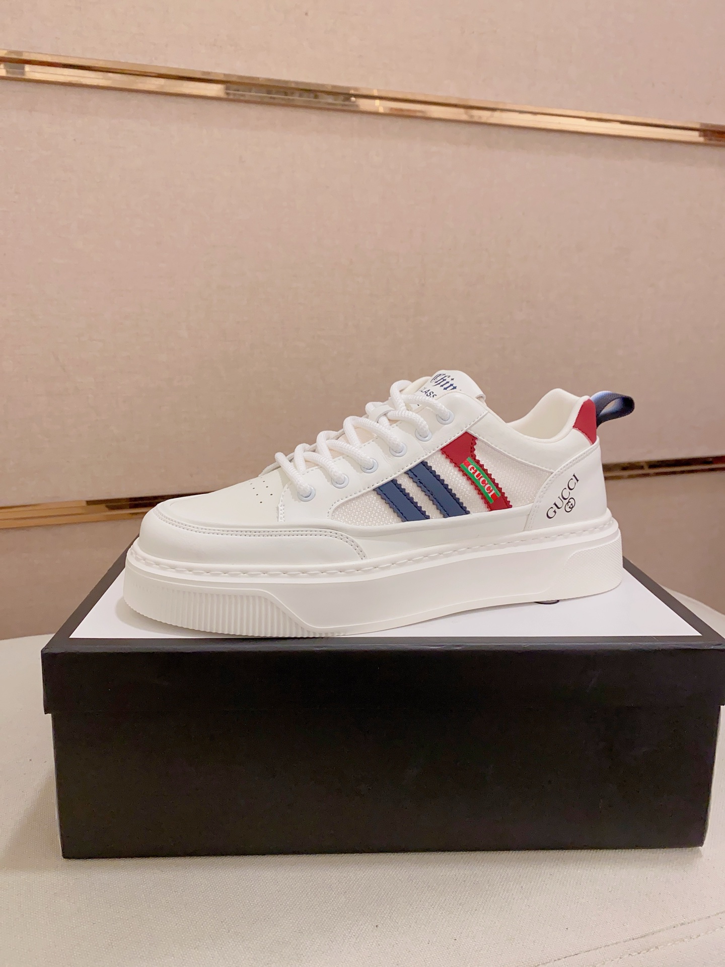 Gucci Men's White Leather Platform Sneakers with Striped Detail, Sizes 38-44