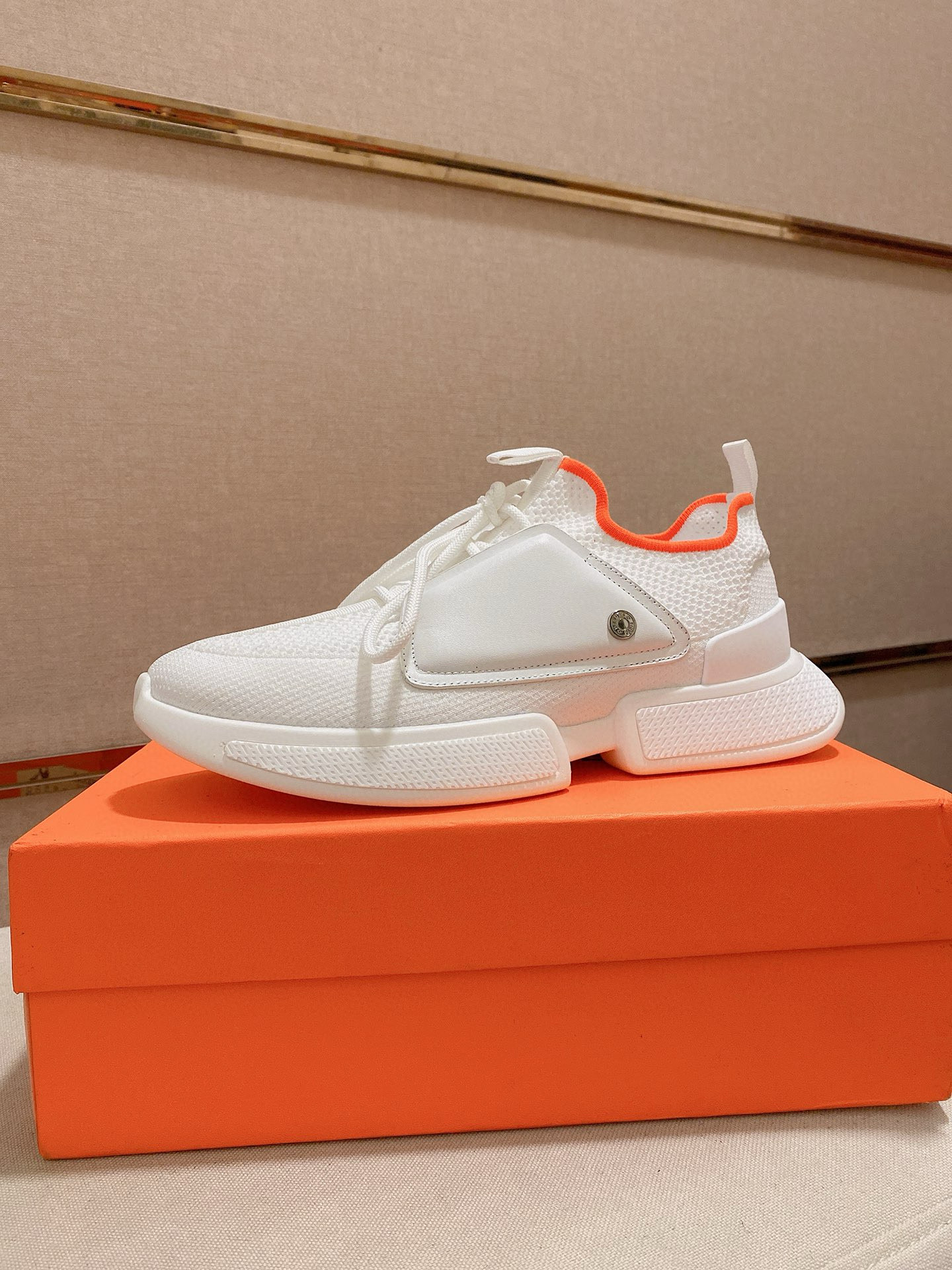 Hermes Drift Sneaker: Fly-Knit Sock Sneakers in White Leather Trim