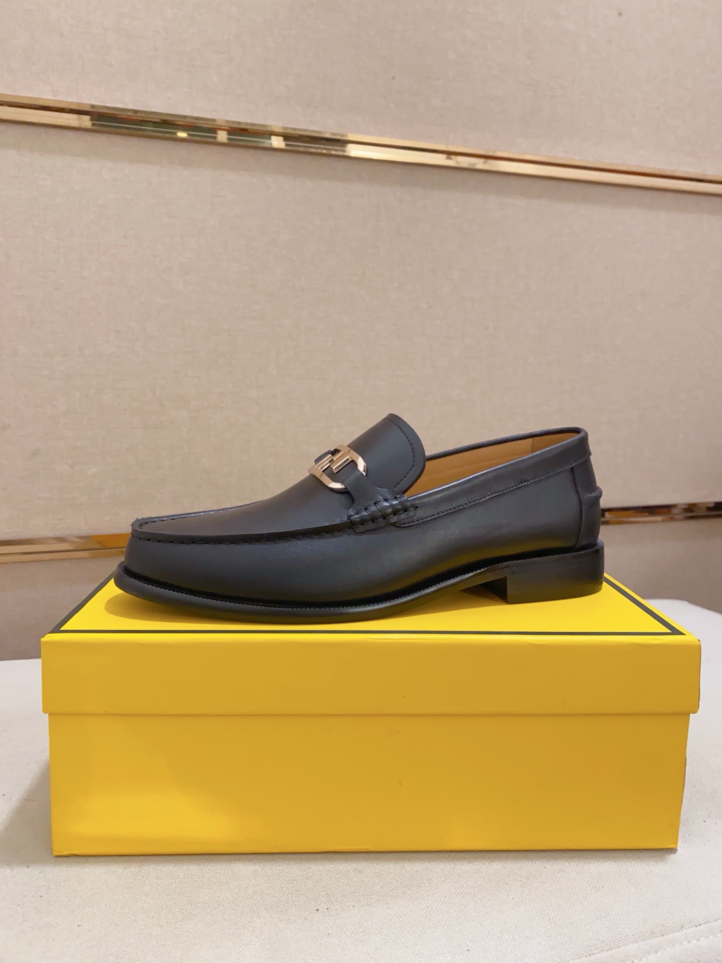 Fendi Men's Leather Loafers with Metal Buckle, Black, Size 38-44