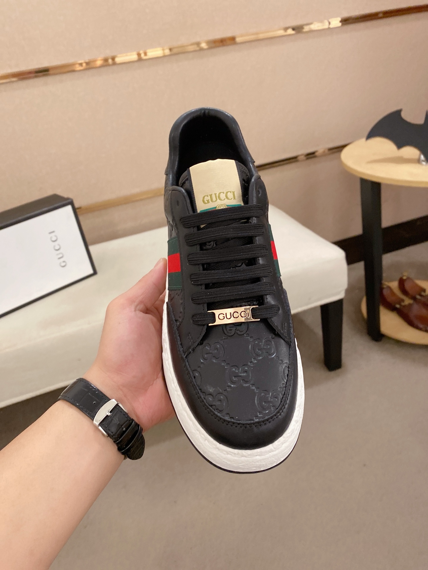 Gucci Men's Black Leather Sneaker with Signature Web and Embossed Pattern 3 i1742626672170 82 0 1