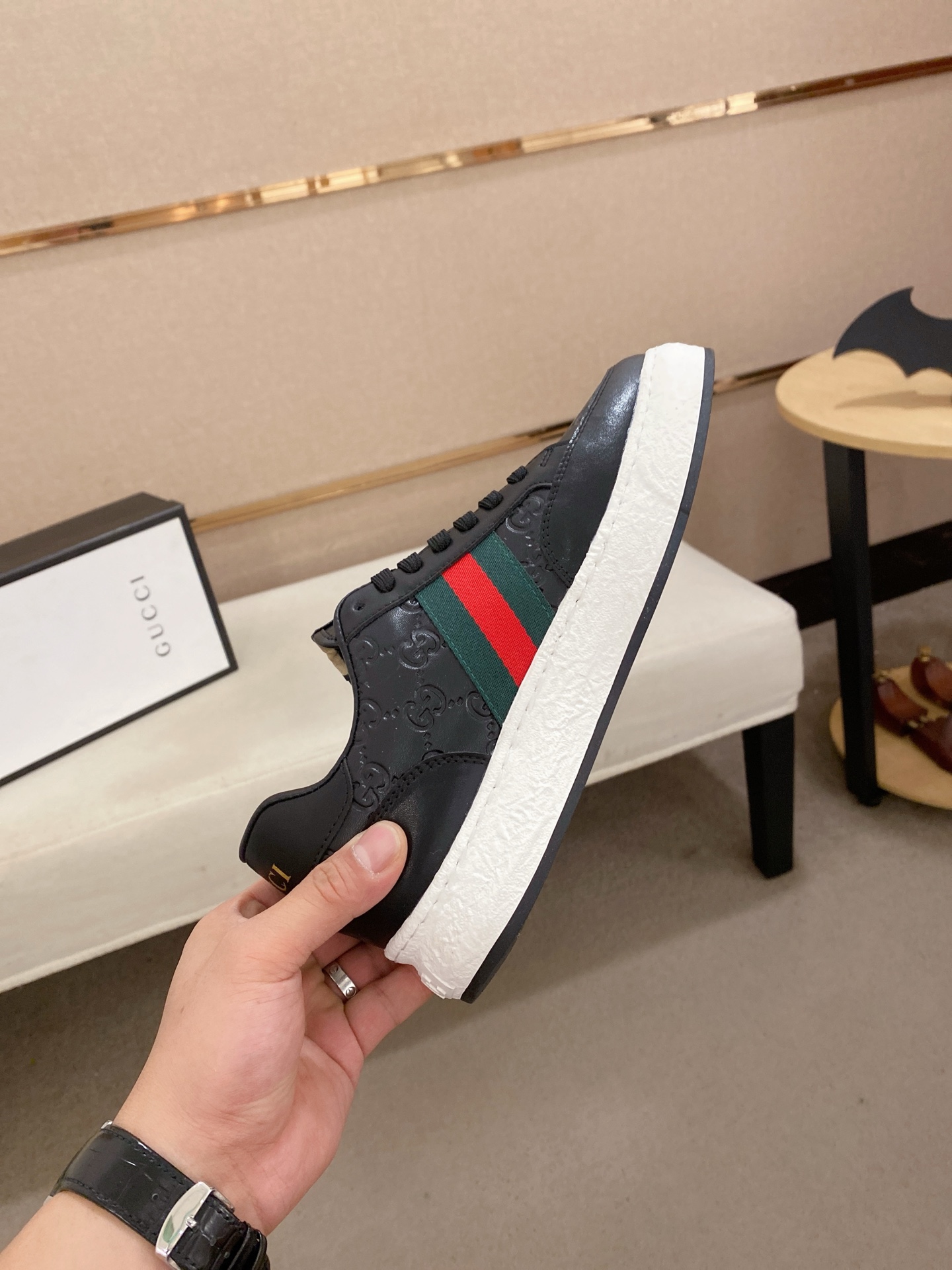 Gucci Men's Black Leather Sneaker with Signature Web and Embossed Pattern 6 i1742626673939 2629 0 4