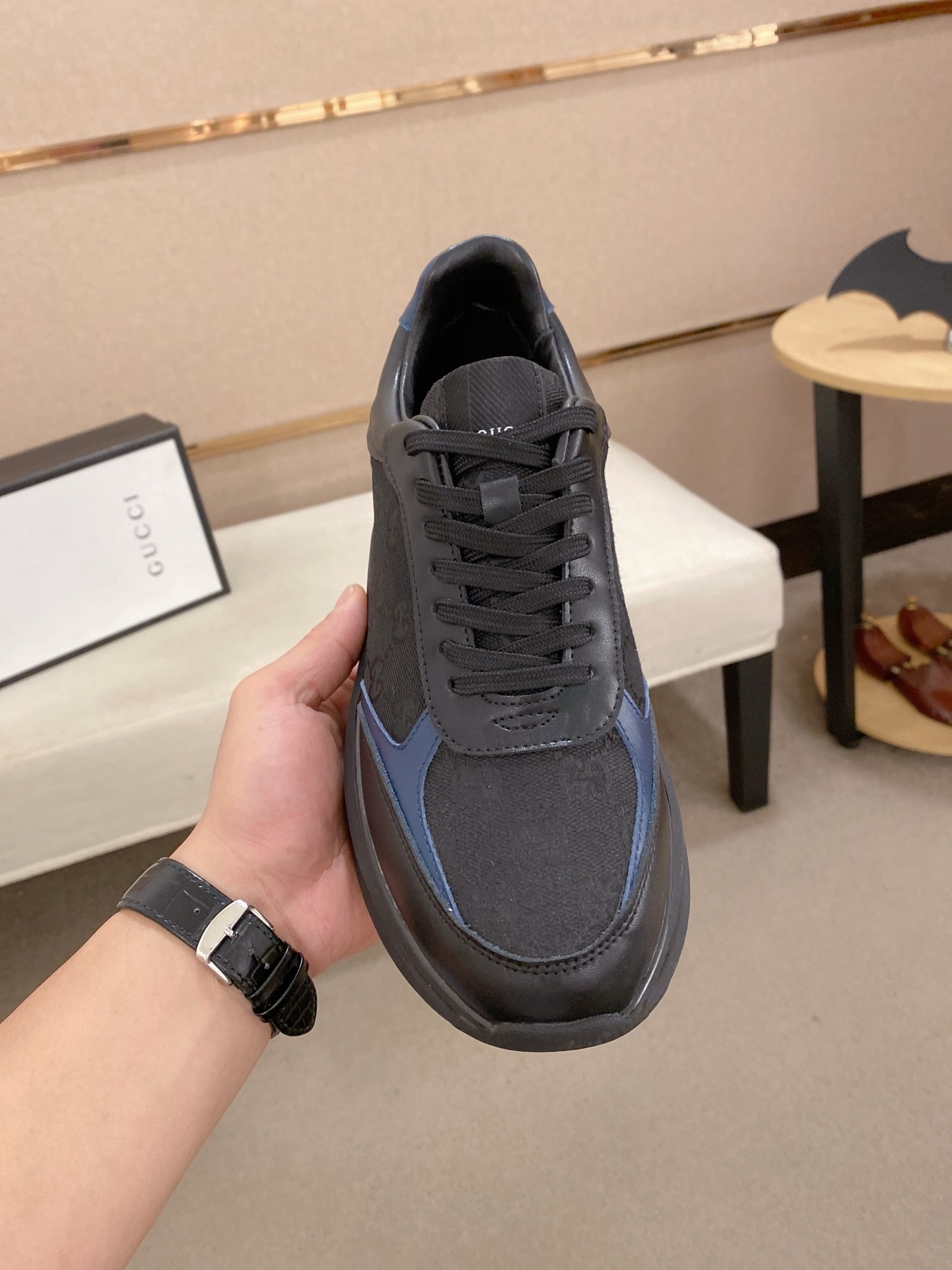 Gucci Men's Leather and Fabric Sneakers in Black and Blue, Sizes 38-44 3 i1742627586298 8423 0 1