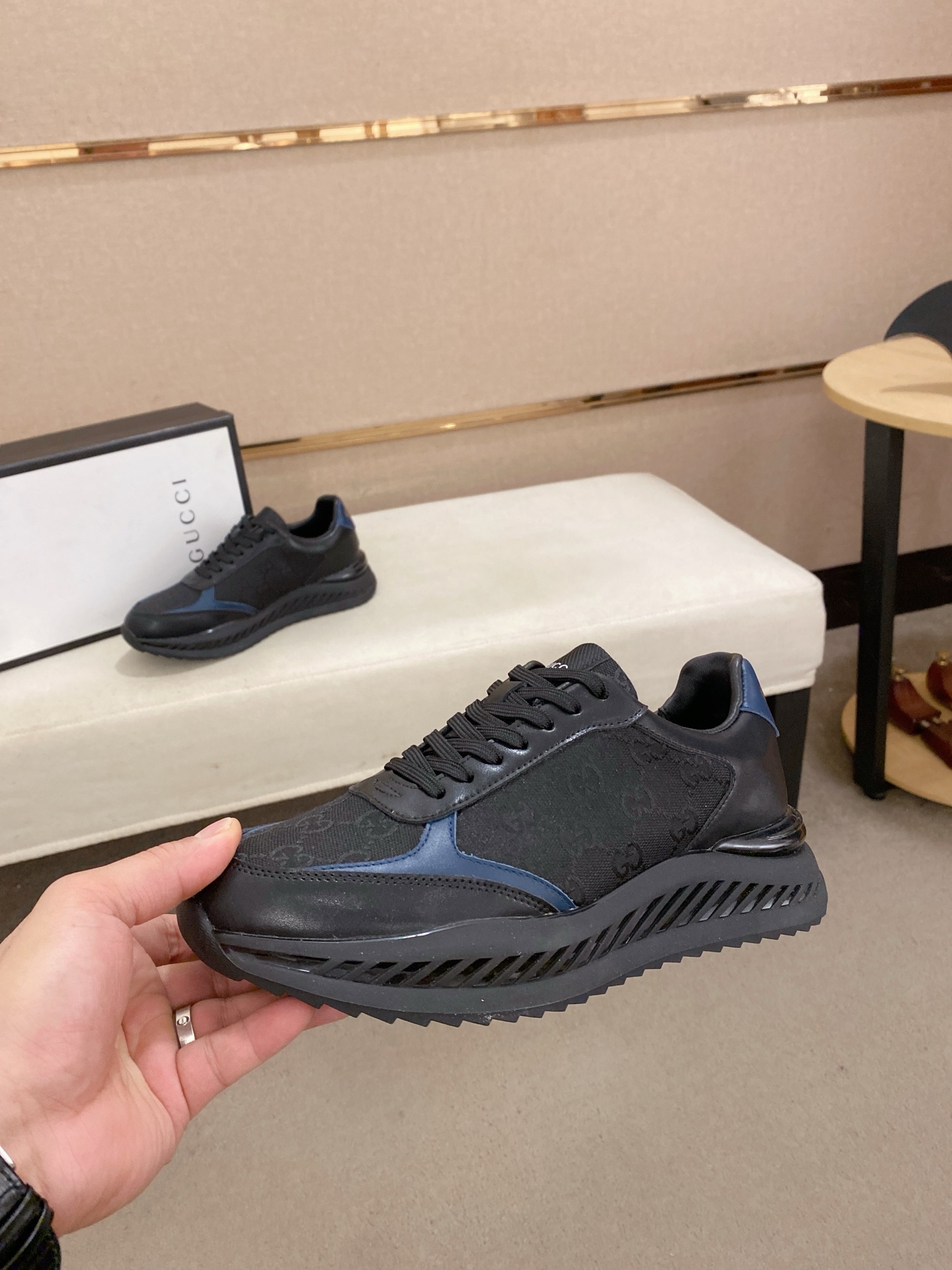 Gucci Men's Leather and Fabric Sneakers in Black and Blue, Sizes 38-44 4 i1742627586323 4225 0 2