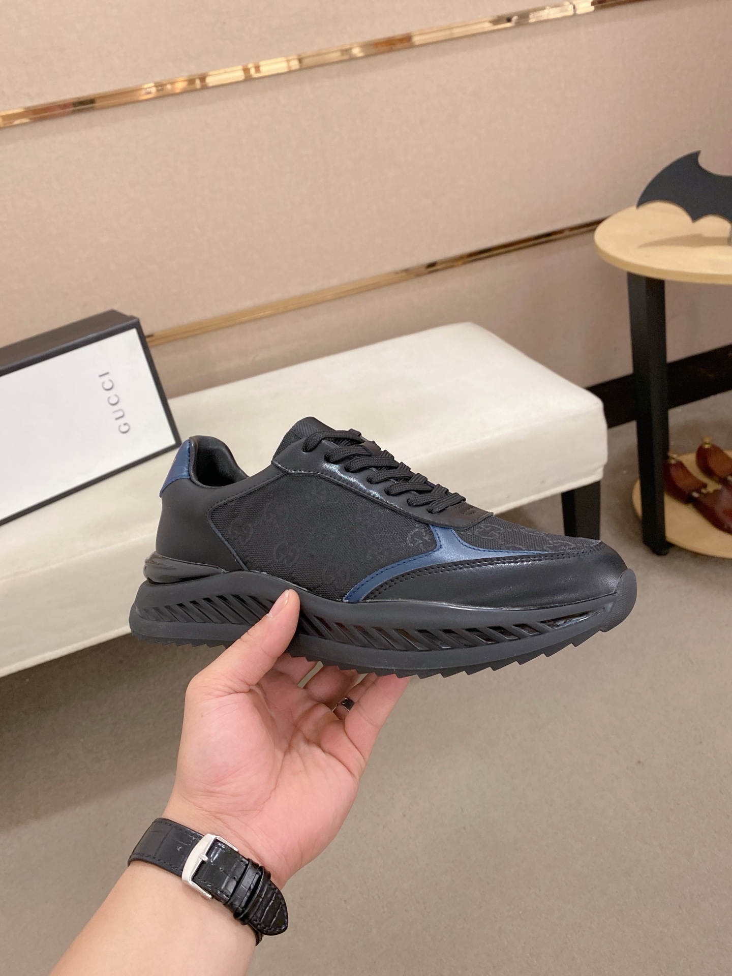 Gucci Men's Leather and Fabric Sneakers in Black and Blue, Sizes 38-44 5 i1742627586339 6251 0 3