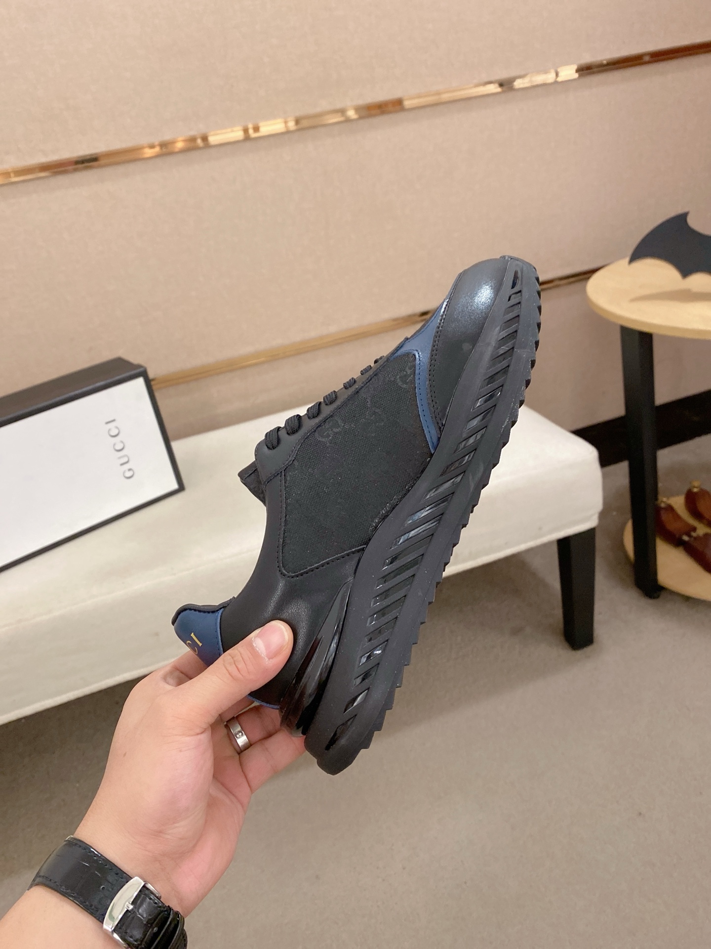 Gucci Men's Leather and Fabric Sneakers in Black and Blue, Sizes 38-44 6 i1742627587790 1373 0 4