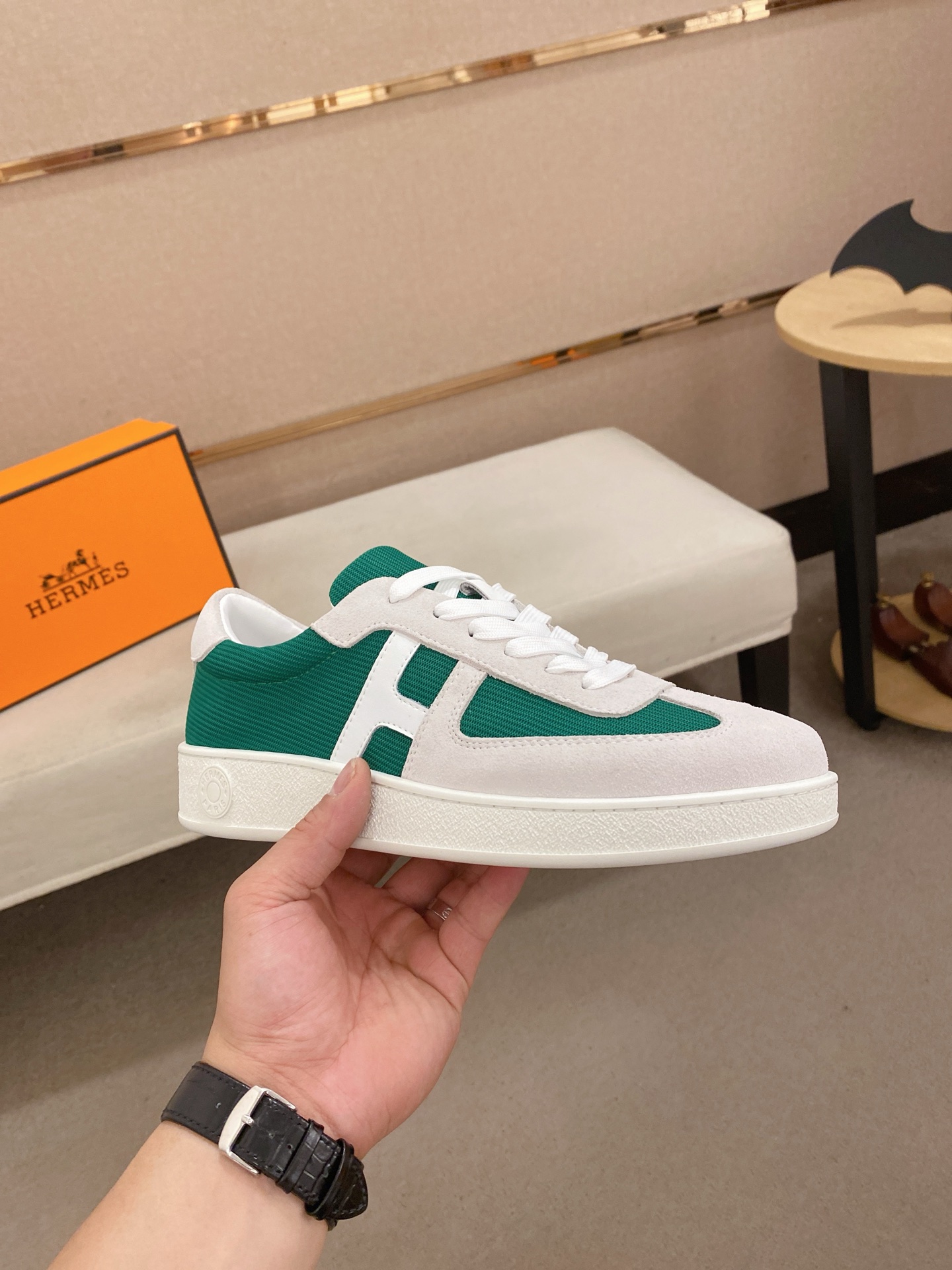 Hermes Classic Men's Sneakers in Green, White Leather Size 38-44 5 i1742636461775 6345 0 3