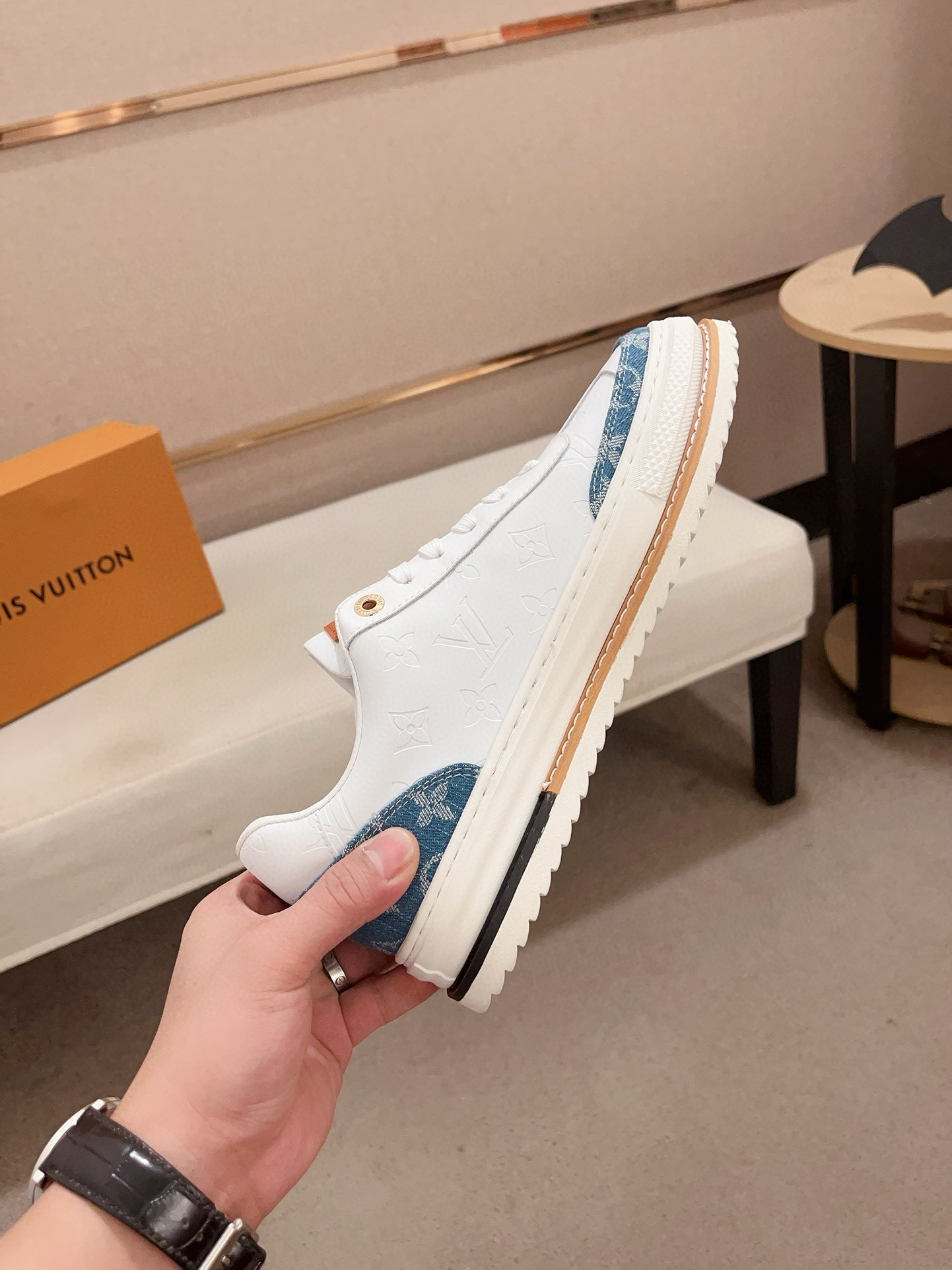 Louis Vuitton Men's White Leather and Blue Denim Trim Low Top Sneakers 6 i1742809344525 4668 0 4