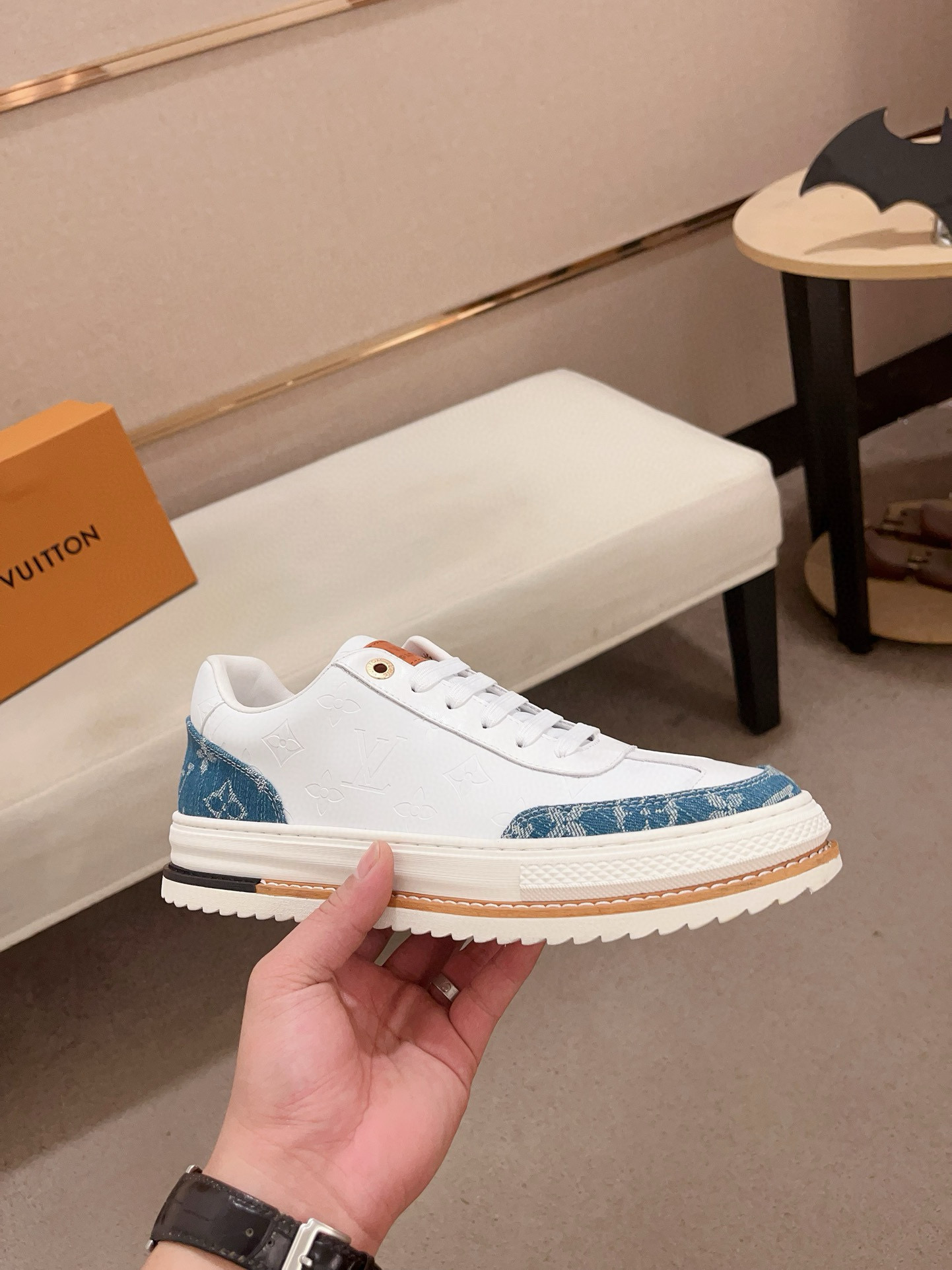 Louis Vuitton Men's White Leather and Blue Denim Trim Low Top Sneakers 5 i1742809344525 5973 0 3