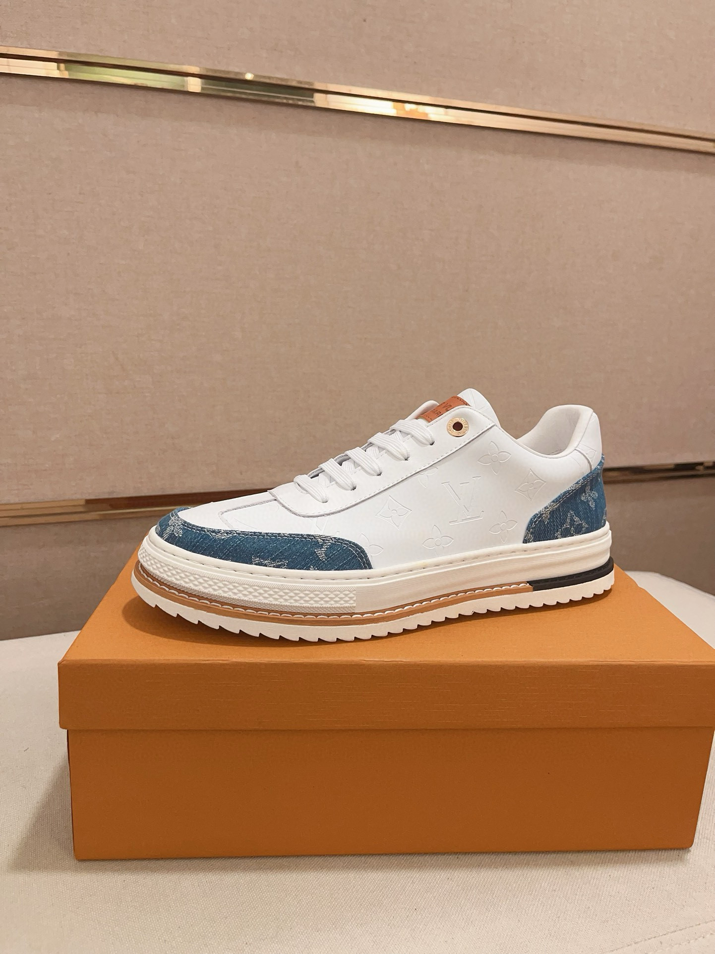 Louis Vuitton Men's White Leather and Blue Denim Trim Low Top Sneakers 2 i1742809344736 6135 0 0