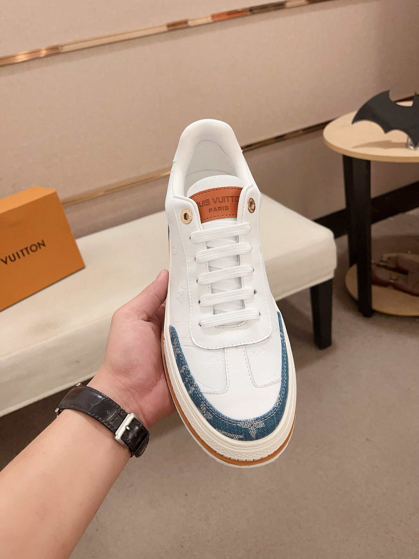 Louis Vuitton Men's White Leather and Blue Denim Trim Low Top Sneakers 3 i1742809344738 3565 0 1