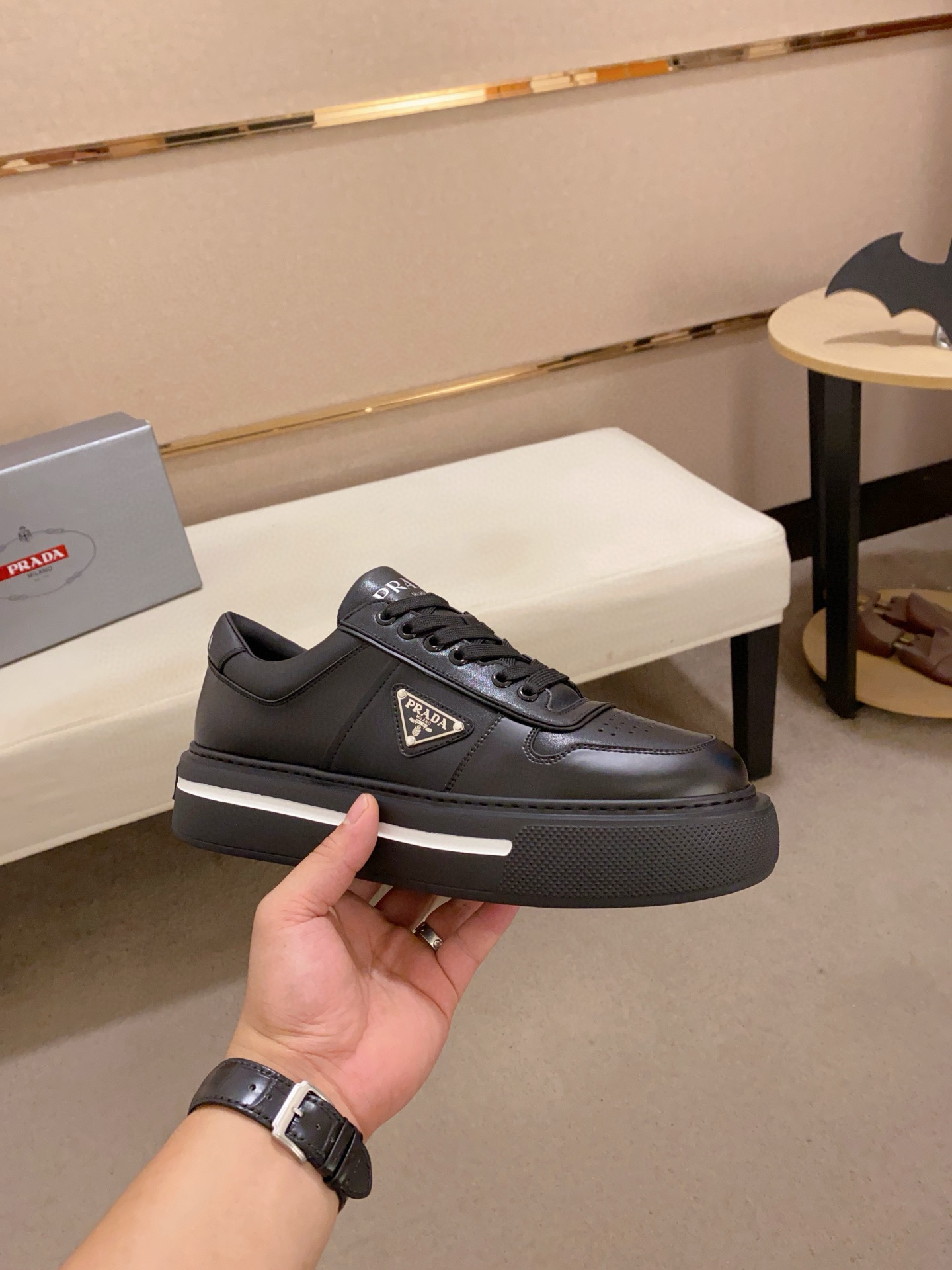Prada Men's Leather Sneakers, Black Low-Top Lace-Up Casual Shoes 5 i1743320721029 6394 0 3