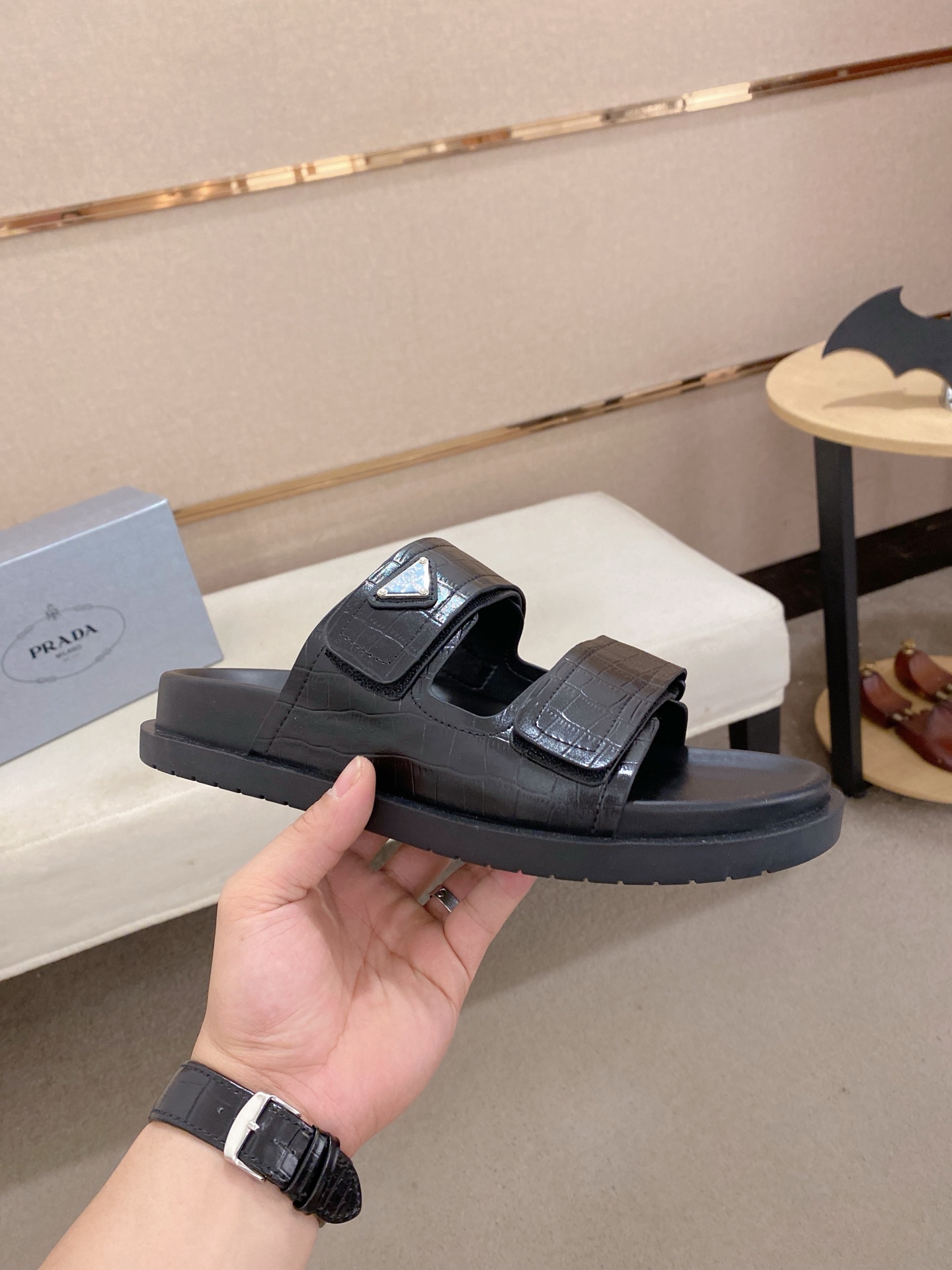 Prada Men's Black Leather Sandals with Embossed Crocodile Pattern 5 i1744444253919 7688 0 3