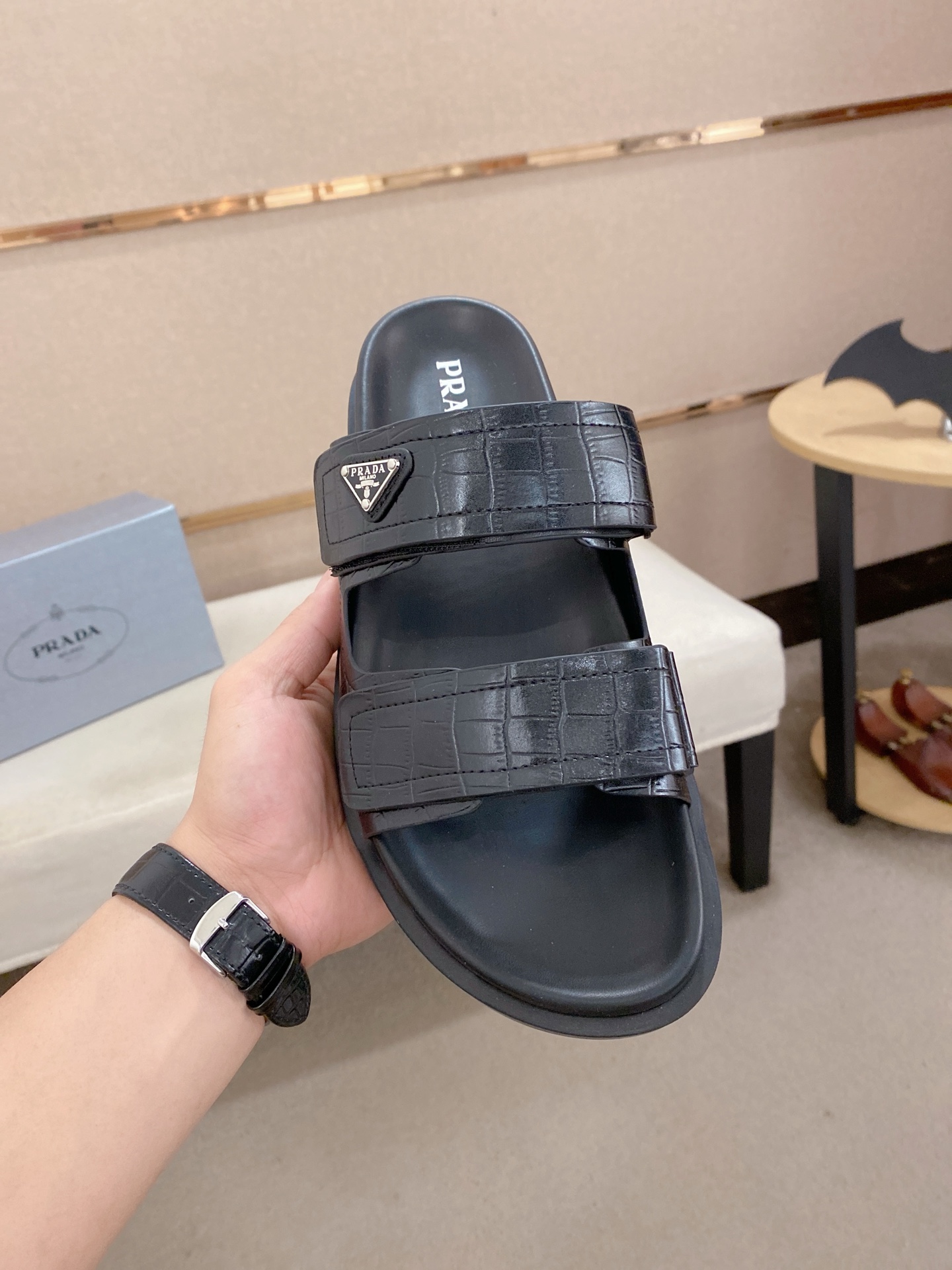 Prada Men's Black Leather Sandals with Embossed Crocodile Pattern 3 i1744444253943 498 0 1