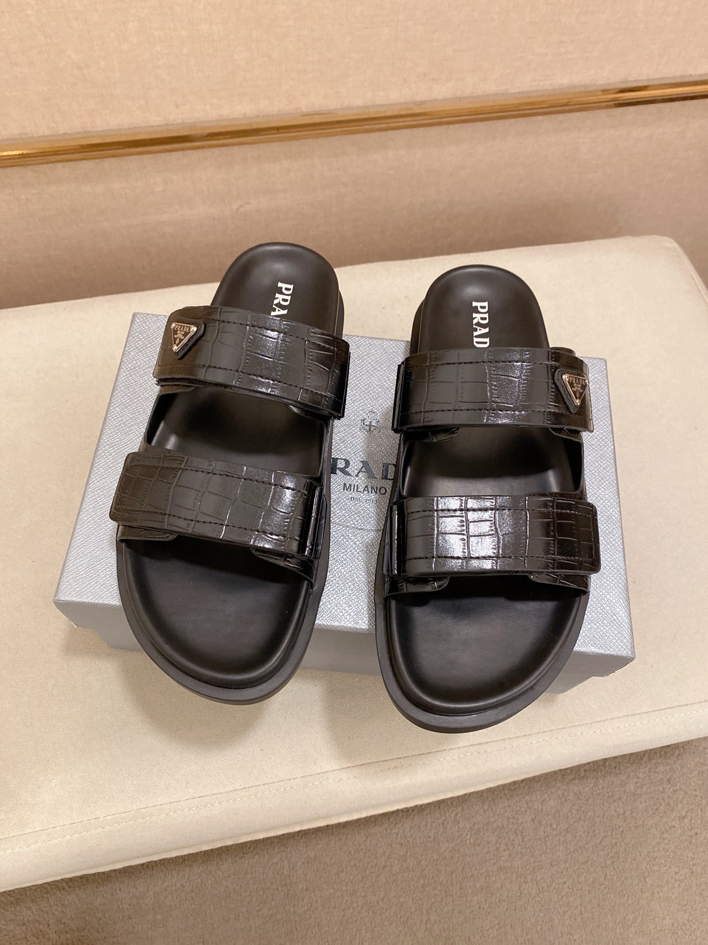 Prada Men's Black Leather Sandals with Embossed Crocodile Pattern 7 i1744444253988 7240 0 5