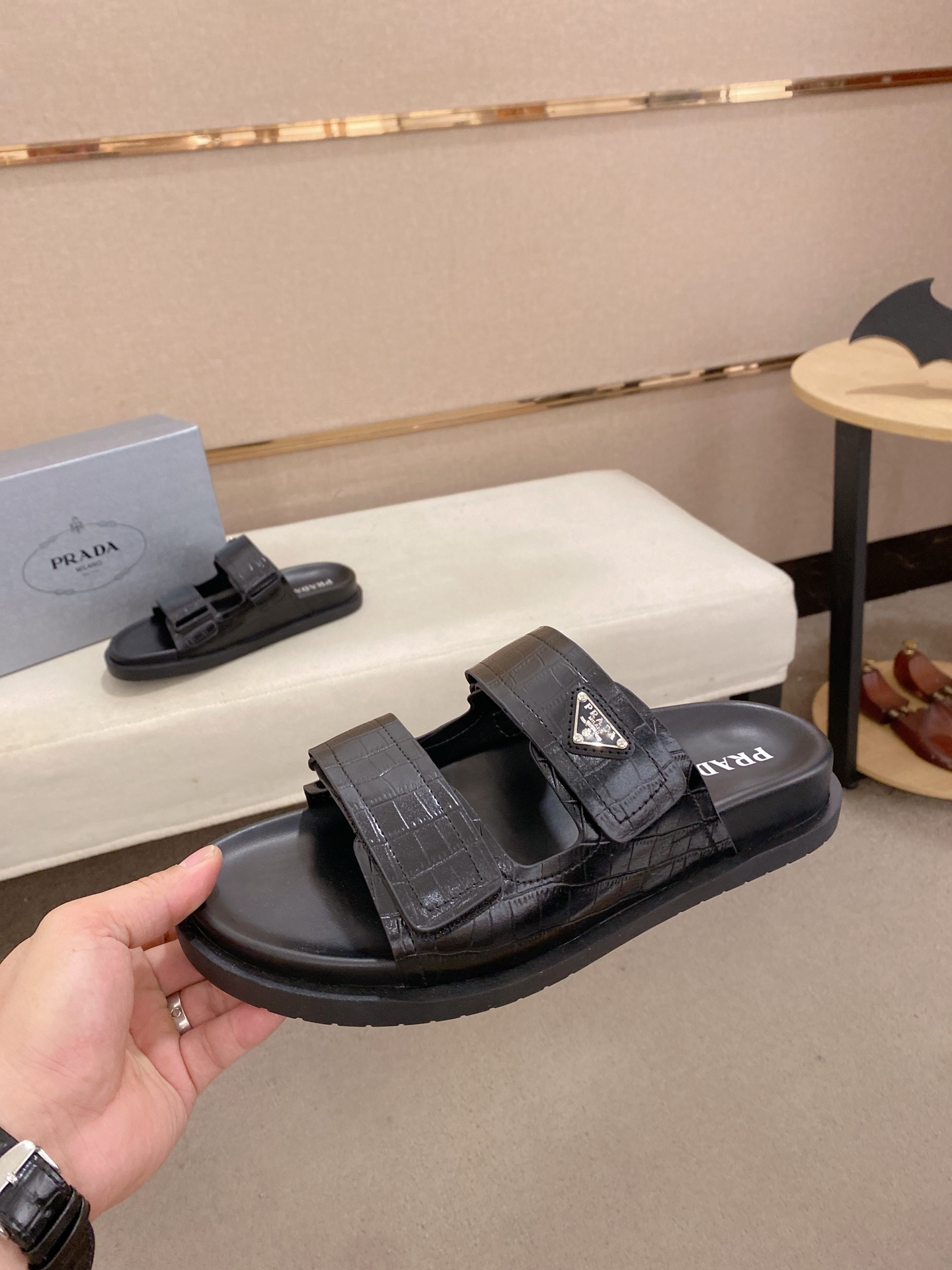 Prada Men's Black Leather Sandals with Embossed Crocodile Pattern 4 i1744444255539 2953 0 2