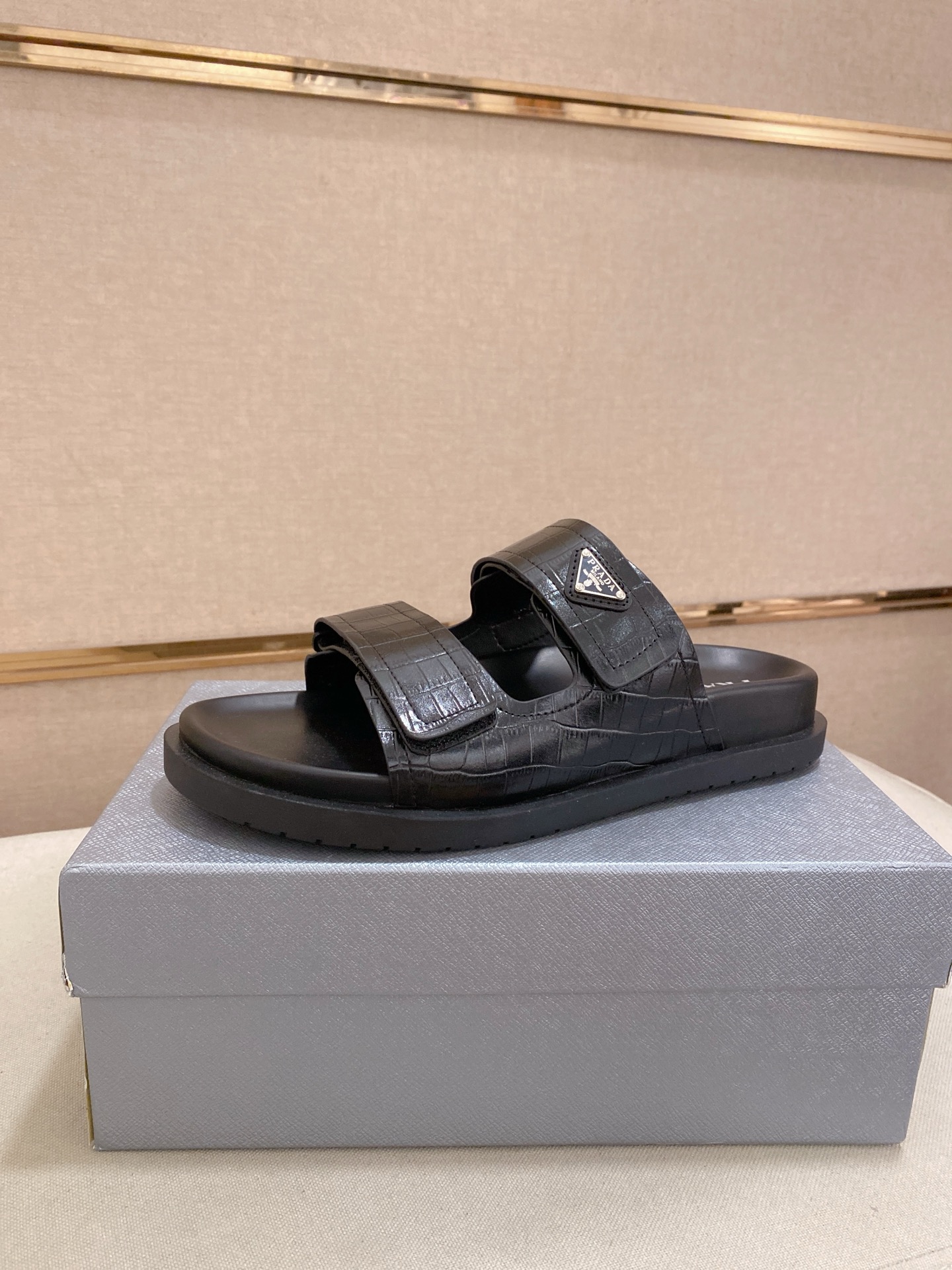 Prada Men's Black Leather Sandals with Embossed Crocodile Pattern 2 i1744444255543 8060 0 0