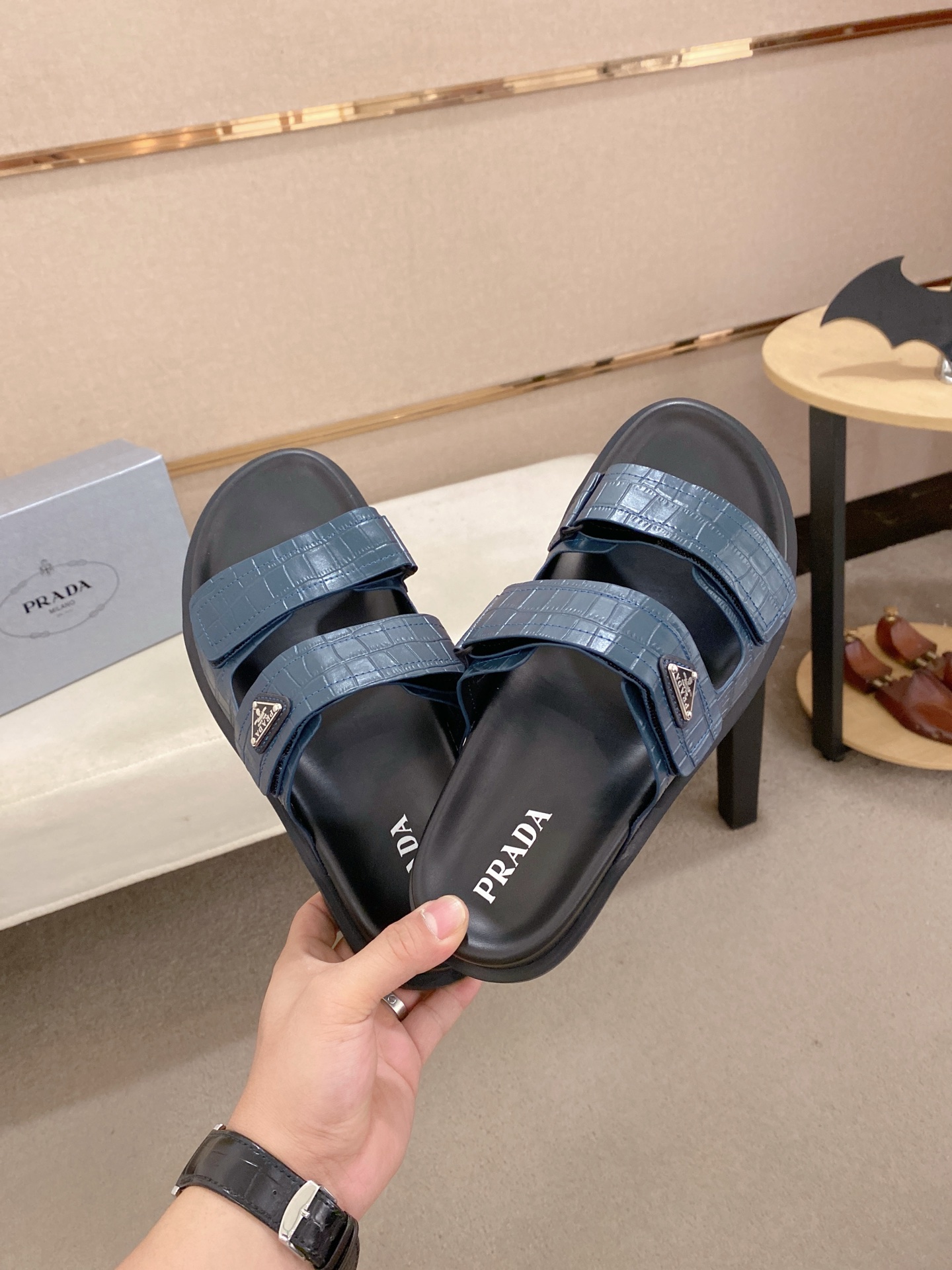 Prada Men's Blue Leather Sandals Summer Slides, Sizes 38-44, High Quality 6 i1744444290980 9249 0 4