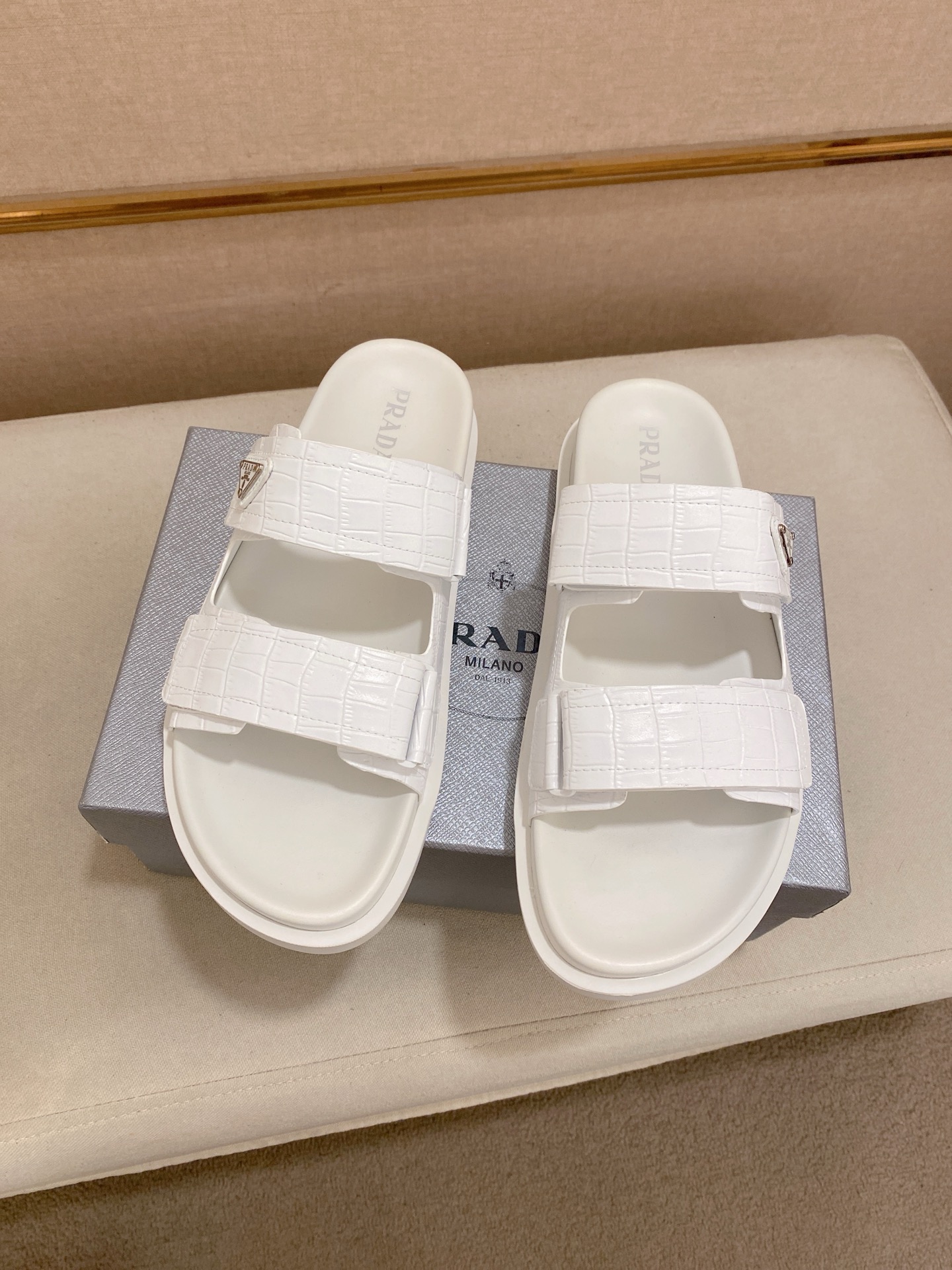 Prada Men's White Leather Sandals with Embossed Logo,Size 38-44 7 i1744444344349 6123 0 5