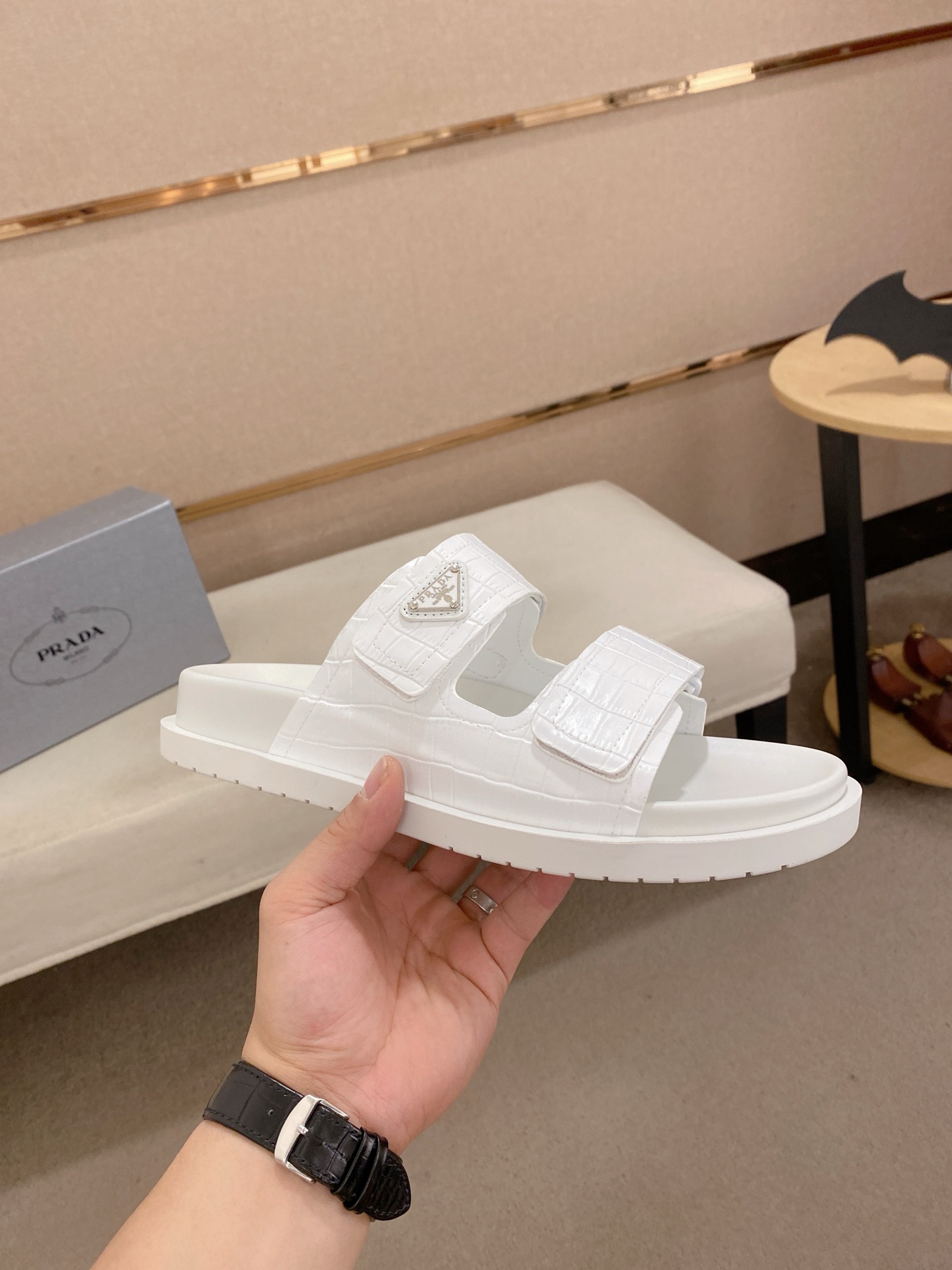 Prada Men's White Leather Sandals with Embossed Logo,Size 38-44 5 i1744444344362 7499 0 3