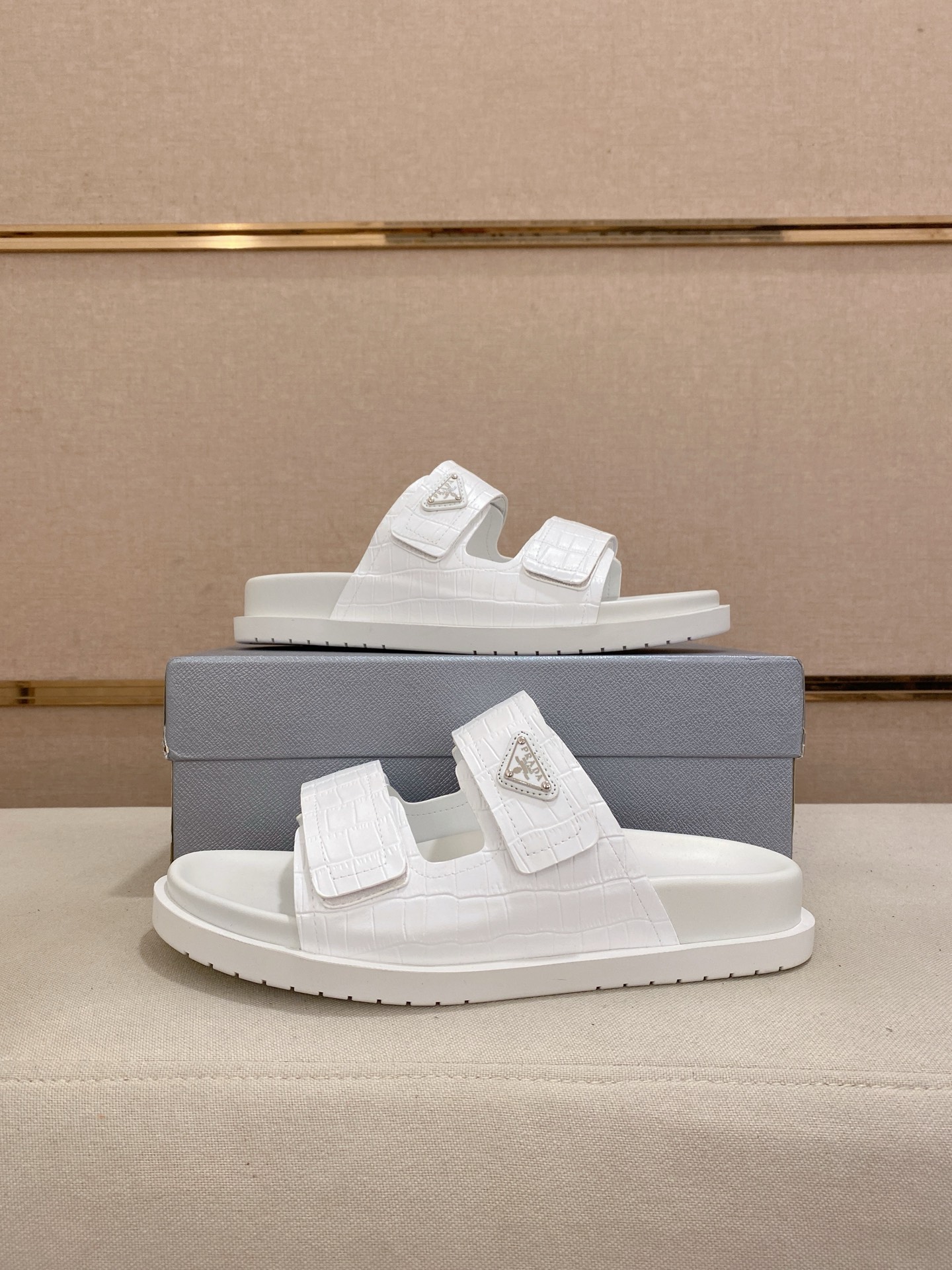Prada Men's White Leather Sandals with Embossed Logo,Size 38-44 8 i1744444344374 8216 0 6