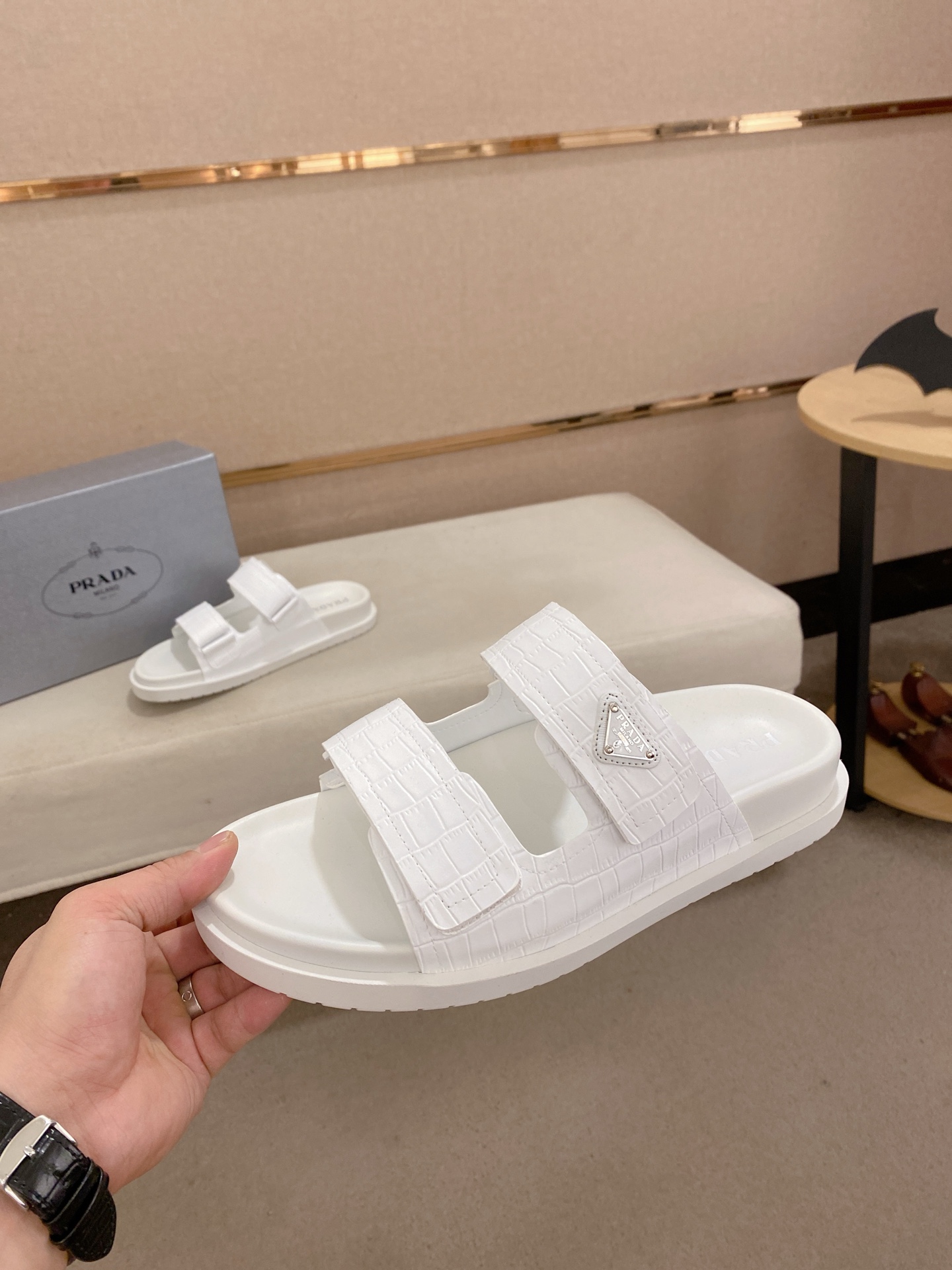 Prada Men's White Leather Sandals with Embossed Logo,Size 38-44 4 i1744444344400 9033 0 2