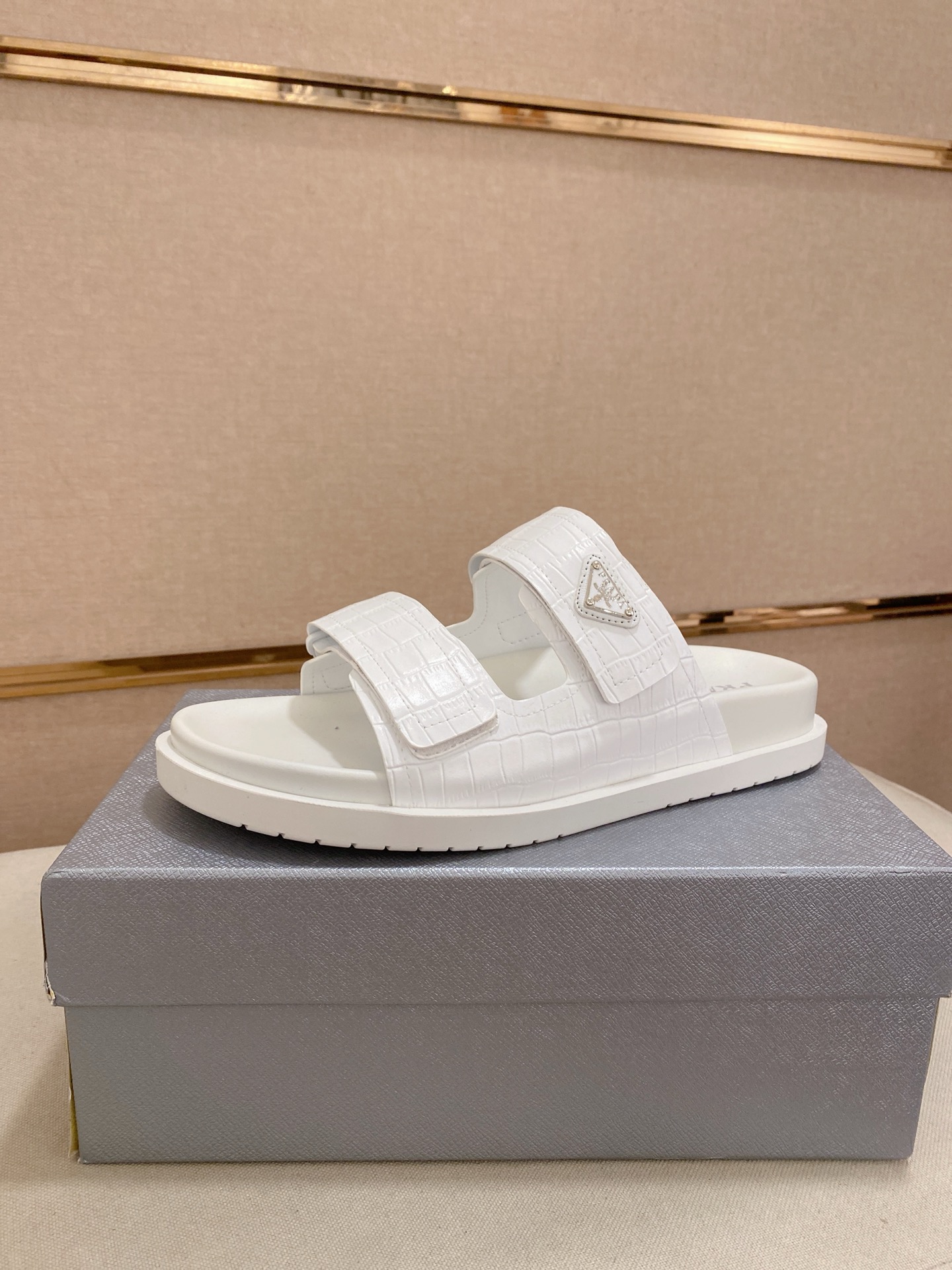 Prada Men's White Leather Sandals with Embossed Logo,Size 38-44 1 Prada Men's White Leather Sandals with Embossed Logo,Size 38-44