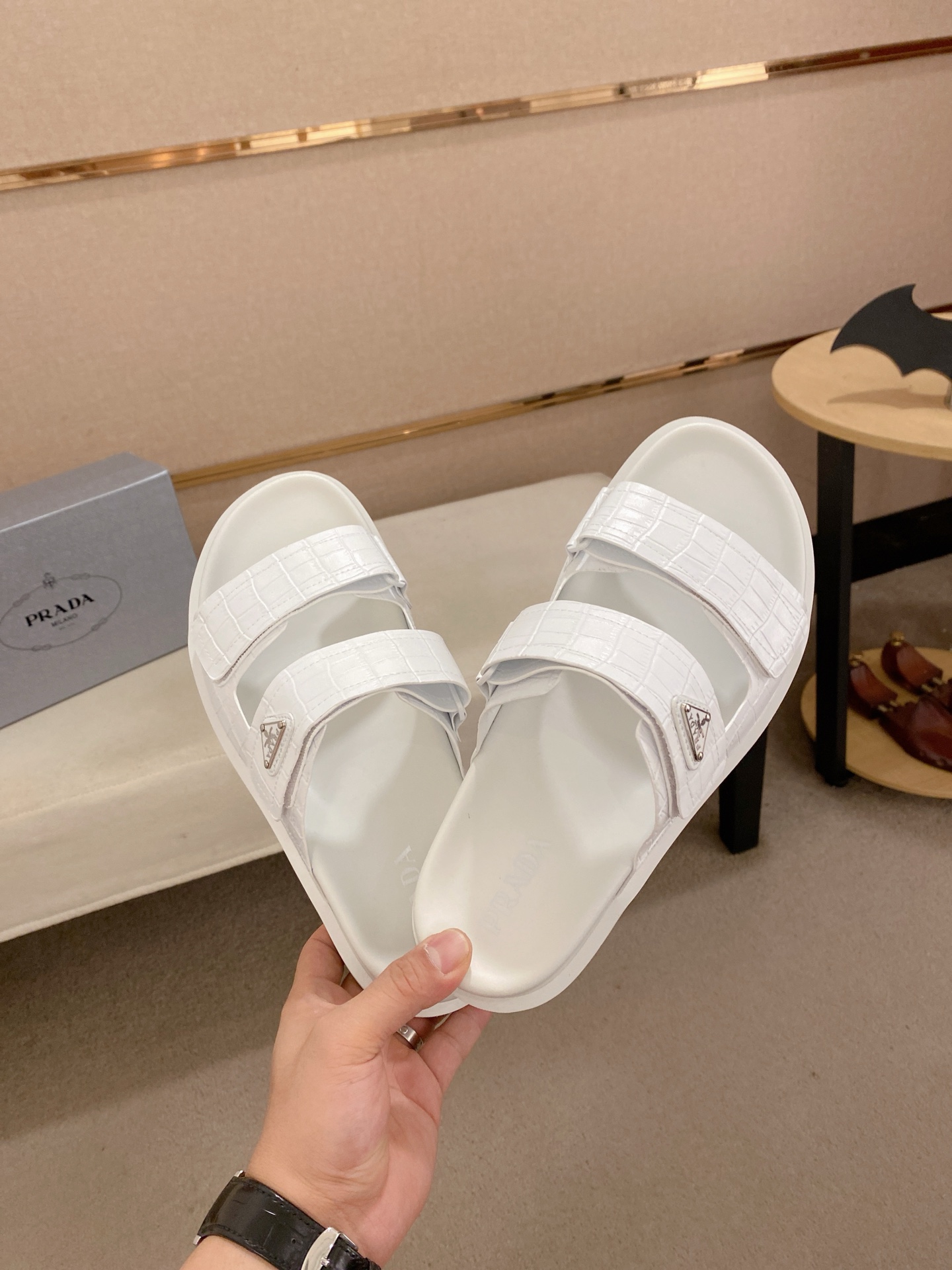 Prada Men's White Leather Sandals with Embossed Logo,Size 38-44 6 i1744444345701 8398 0 4