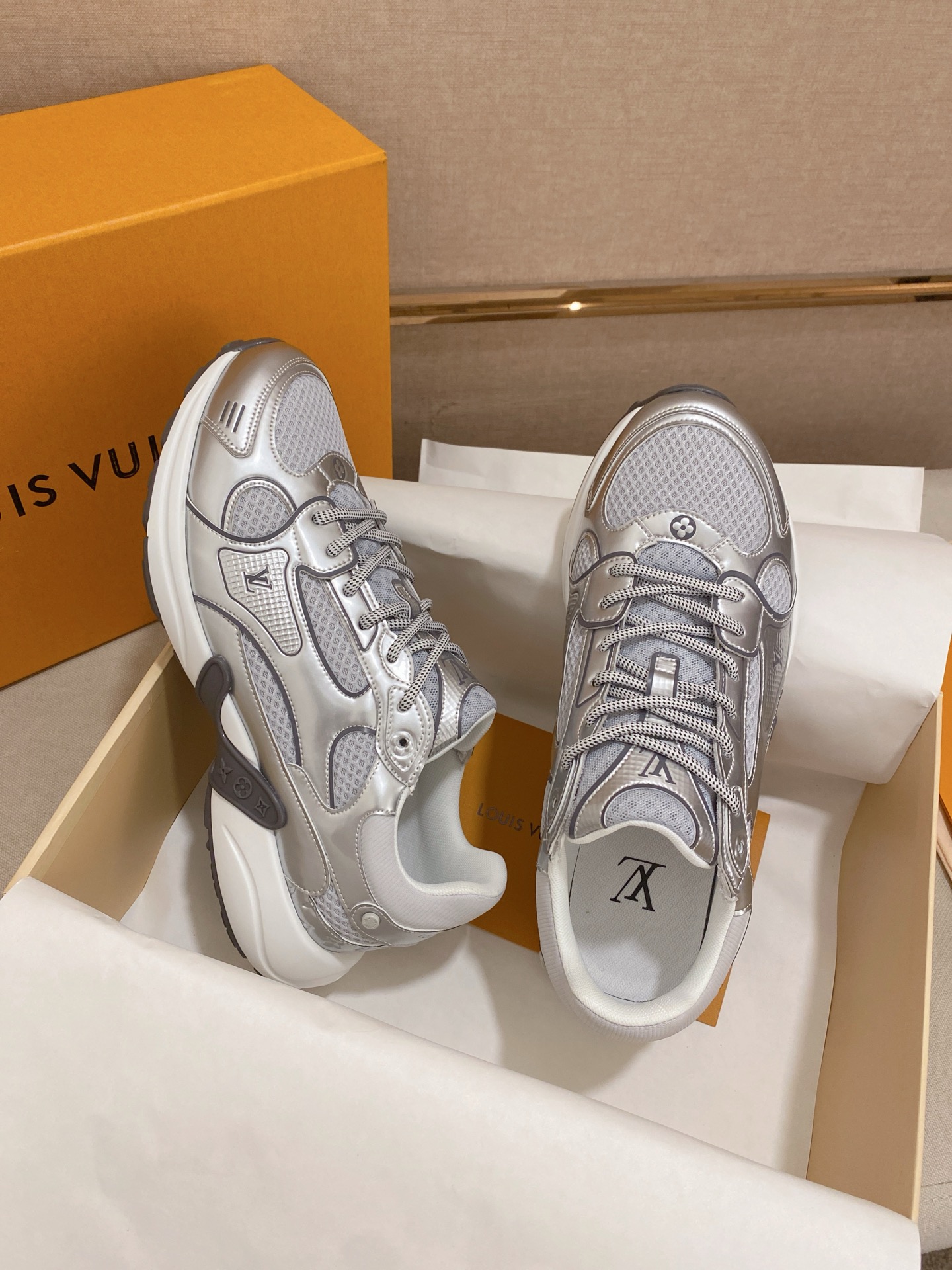 Louis Vuitton Olympia Silver Sneakers - Monogram Detail, Couple Style, Sport Shoes 6 i1744613472938 7319 0 8