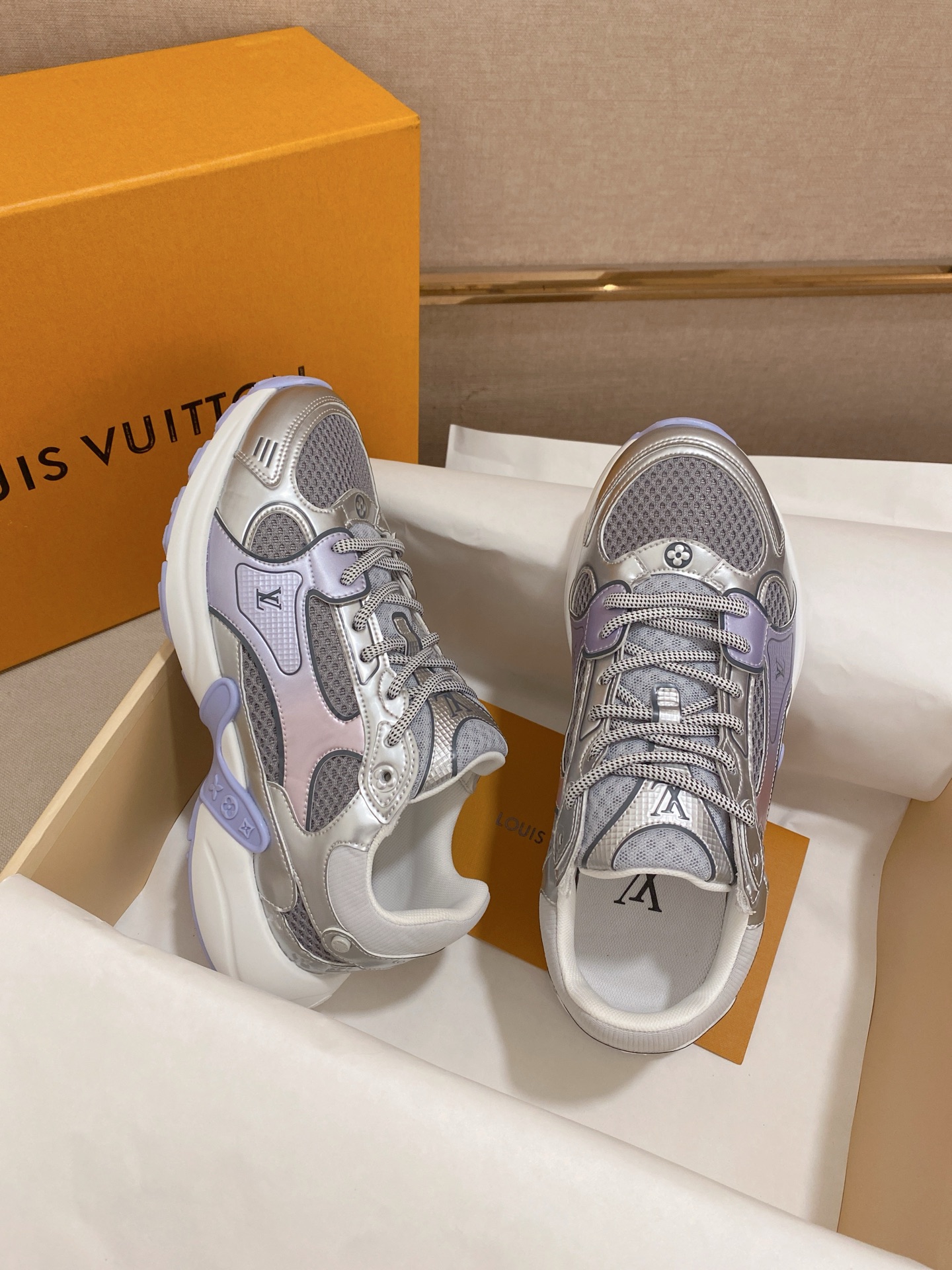 Louis Vuitton Olympia Silver Sneakers Couple Style Mesh and Metallic Leather 6 i1744613496650 9387 0 8