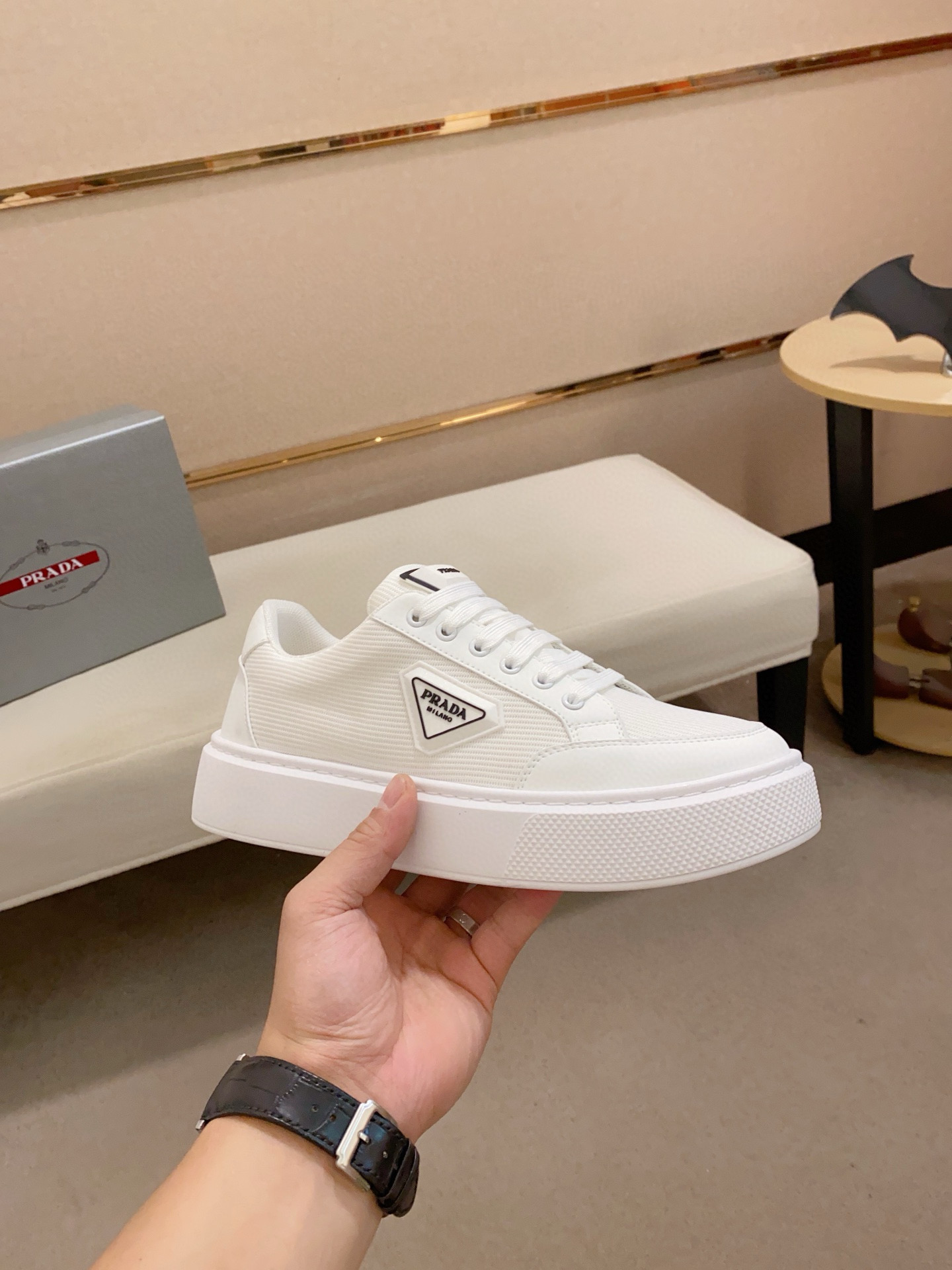 Prada Men's White Leather Sneaker, Breathable Mesh Lining, Comfortable Style 5 i1744618933825 1812 0 3