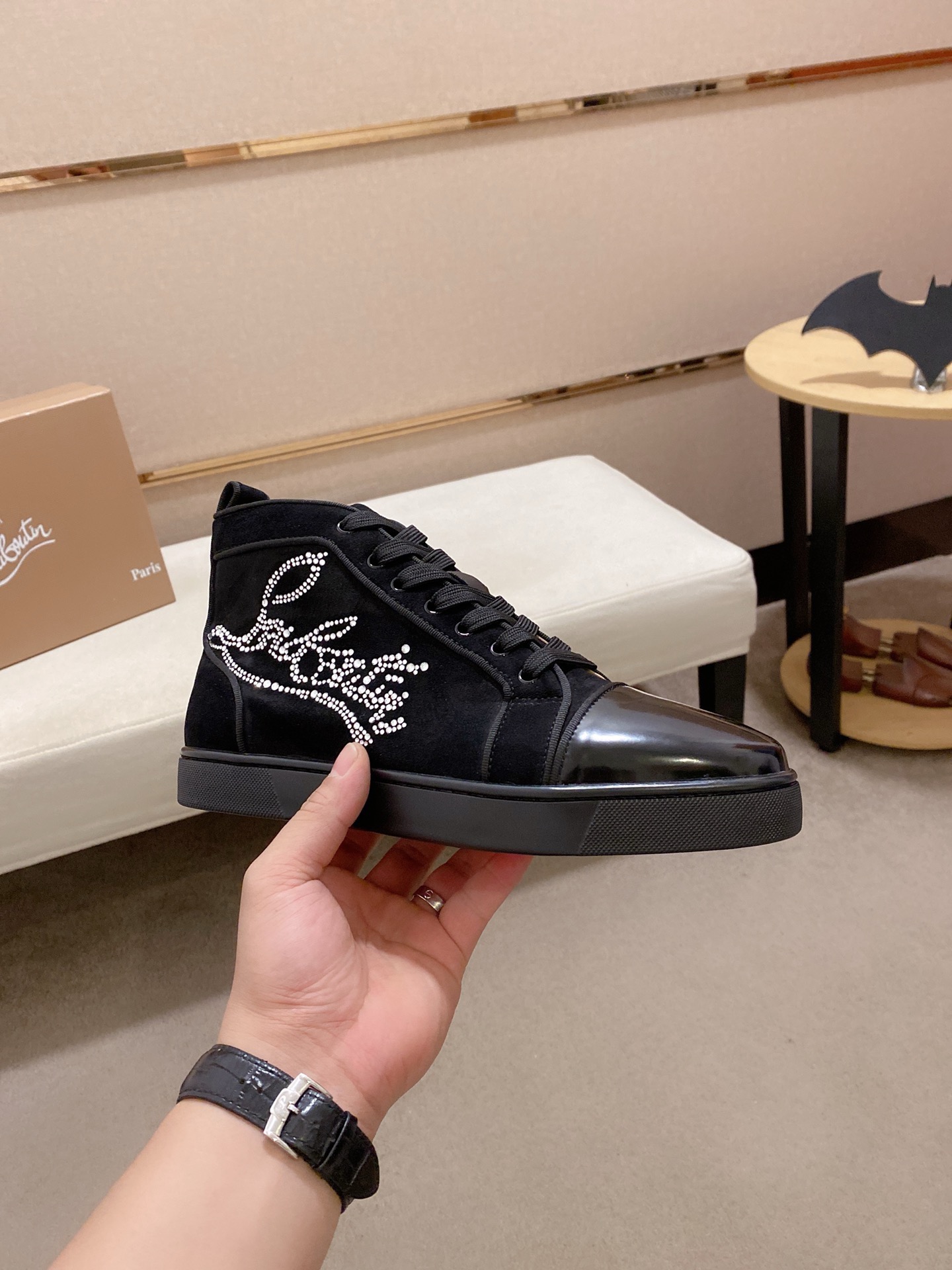 Christian Louboutin Men's High-Top Sneakers Italian Leather Rhinestone Accent 5 i1744698079246 8251 0 3