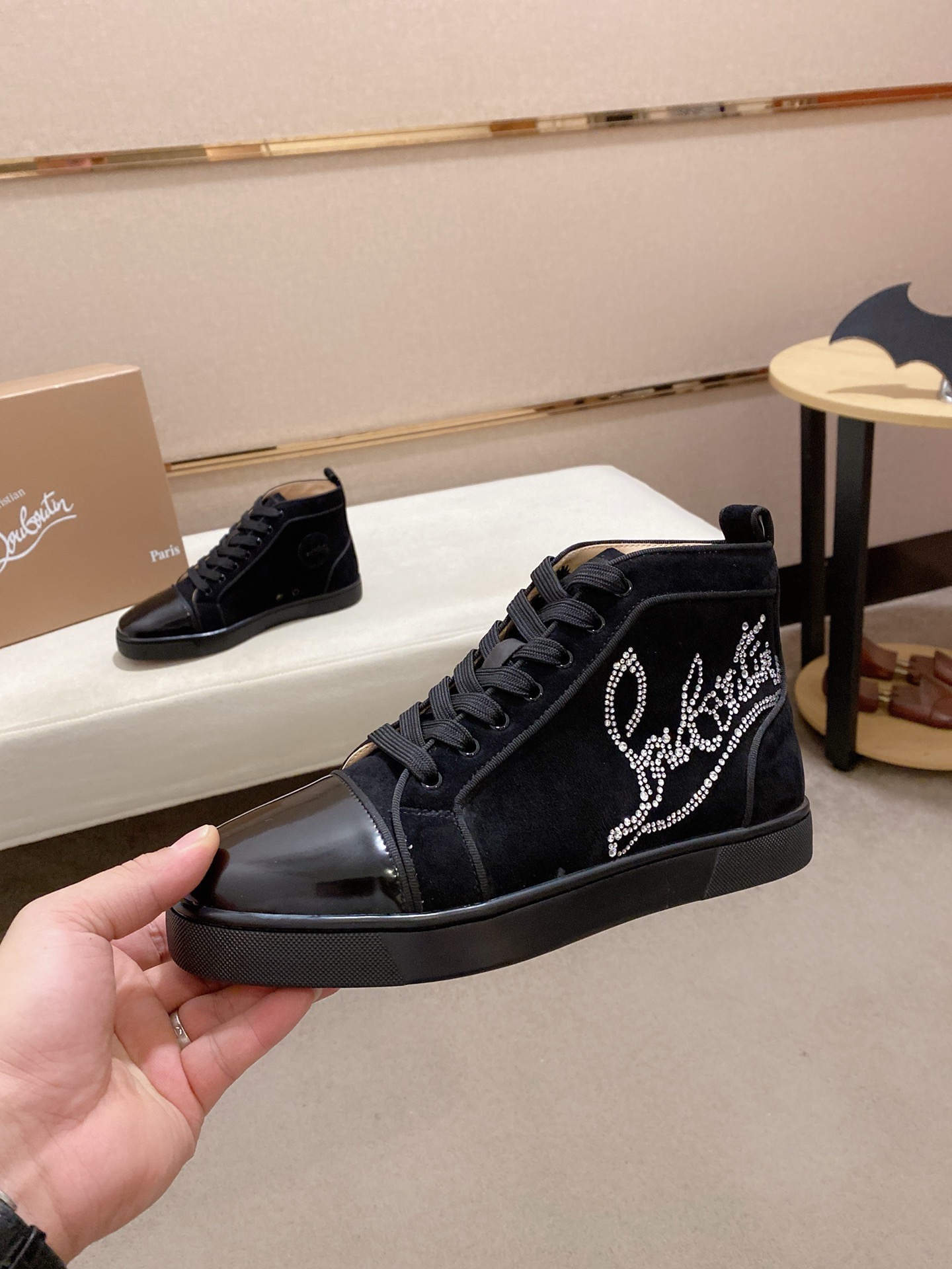 Christian Louboutin Men's High-Top Sneakers Italian Leather Rhinestone Accent 4 i1744698079247 1199 0 2