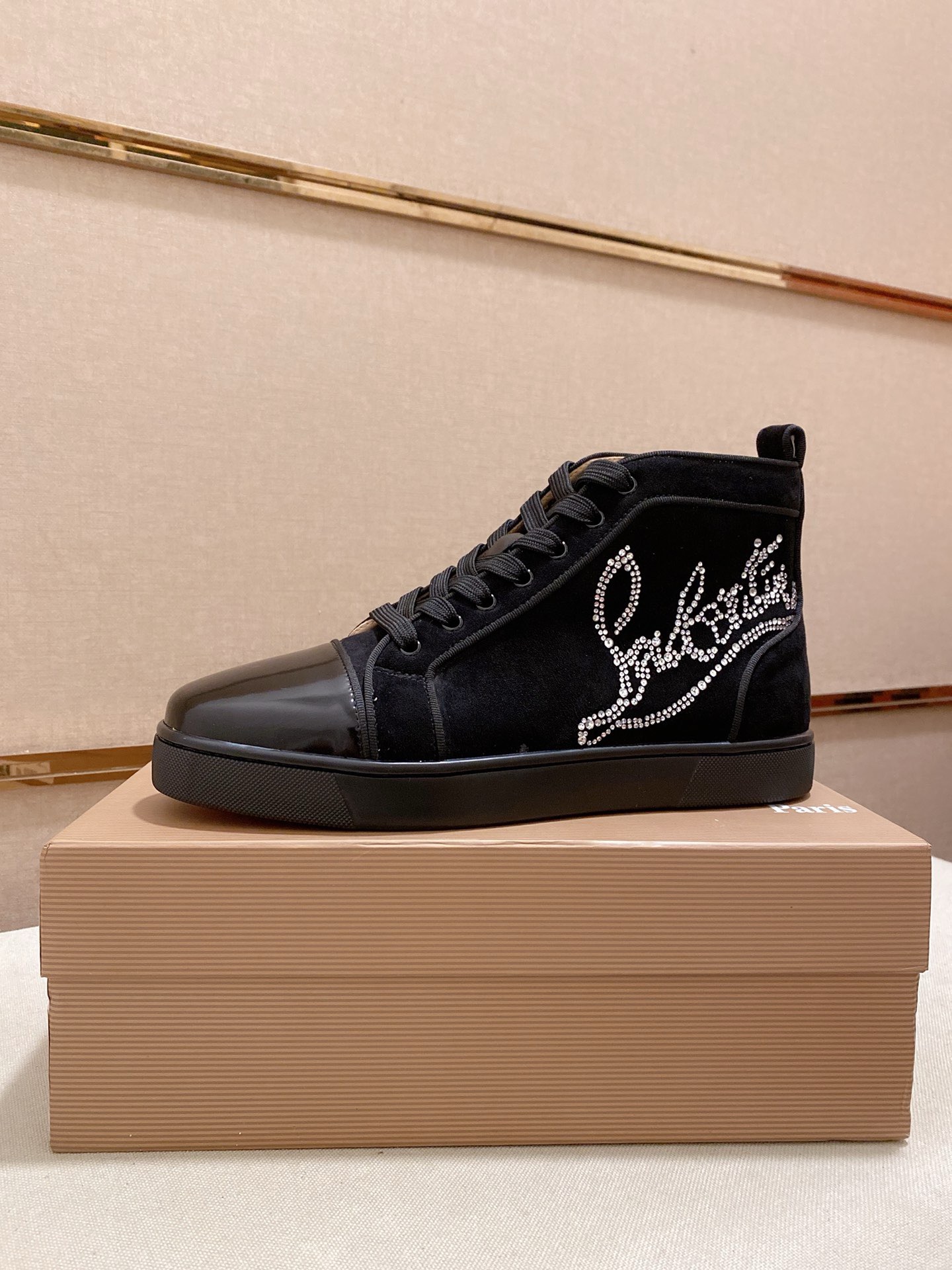 Christian Louboutin Men's High-Top Sneakers Italian Leather Rhinestone Accent 1 Christian Louboutin Men's High-Top Sneakers Italian Leather Rhinestone Accent