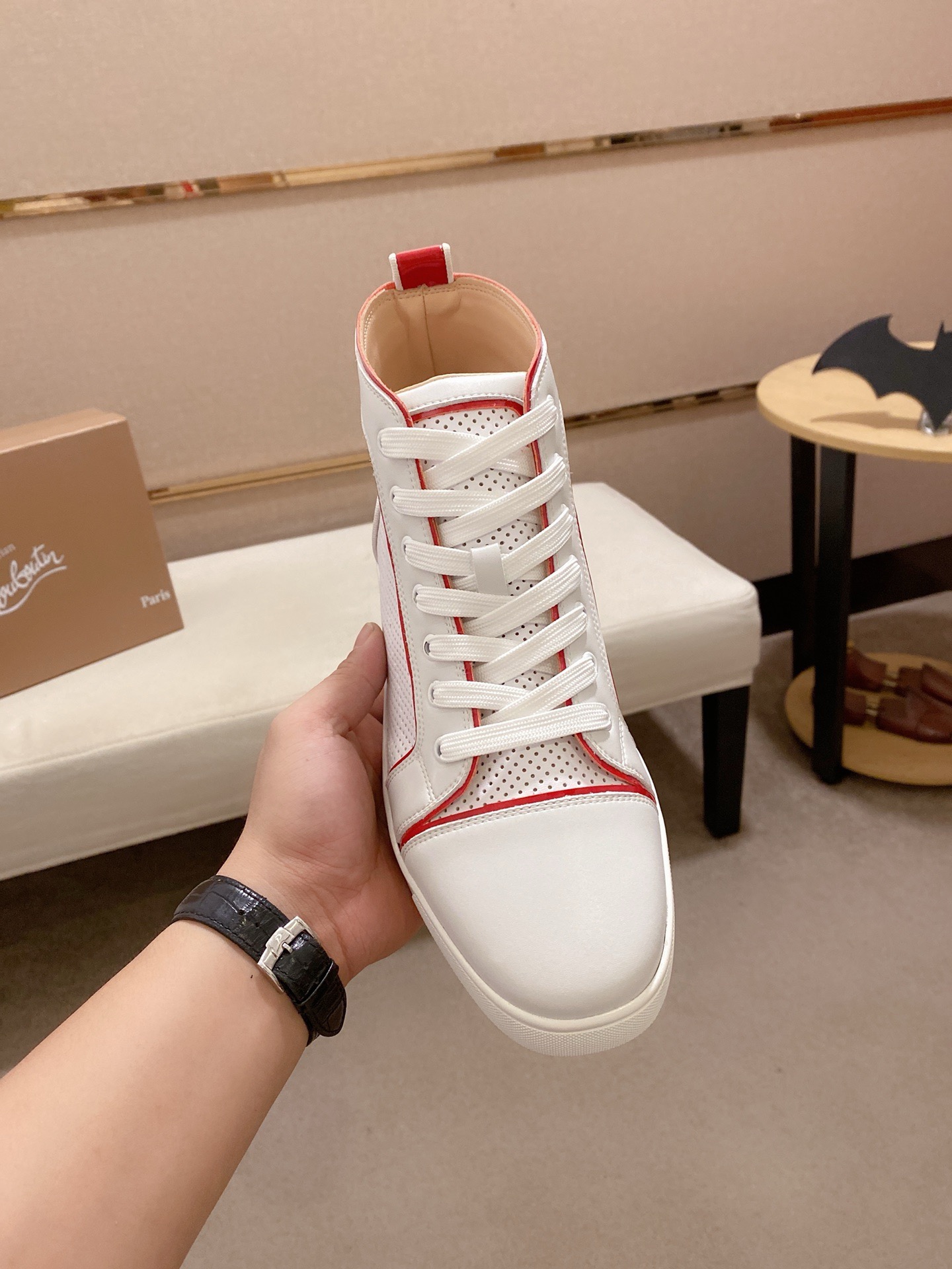 Christian Louboutin Men's White Leather High-Top Sneakers with Red Trim 3 i1744698139723 2416 0 1