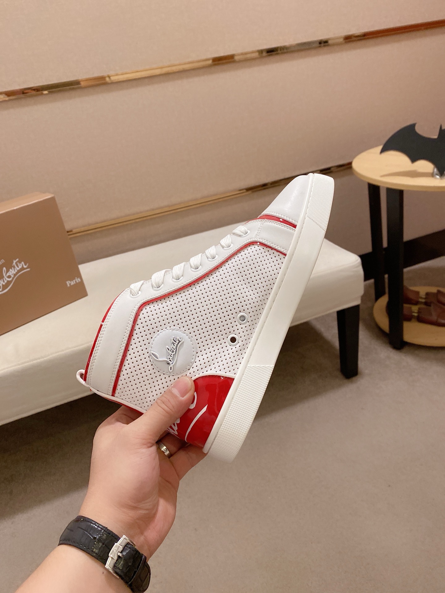 Christian Louboutin Men's White Leather High-Top Sneakers with Red Trim 6 i1744698139726 5865 0 4