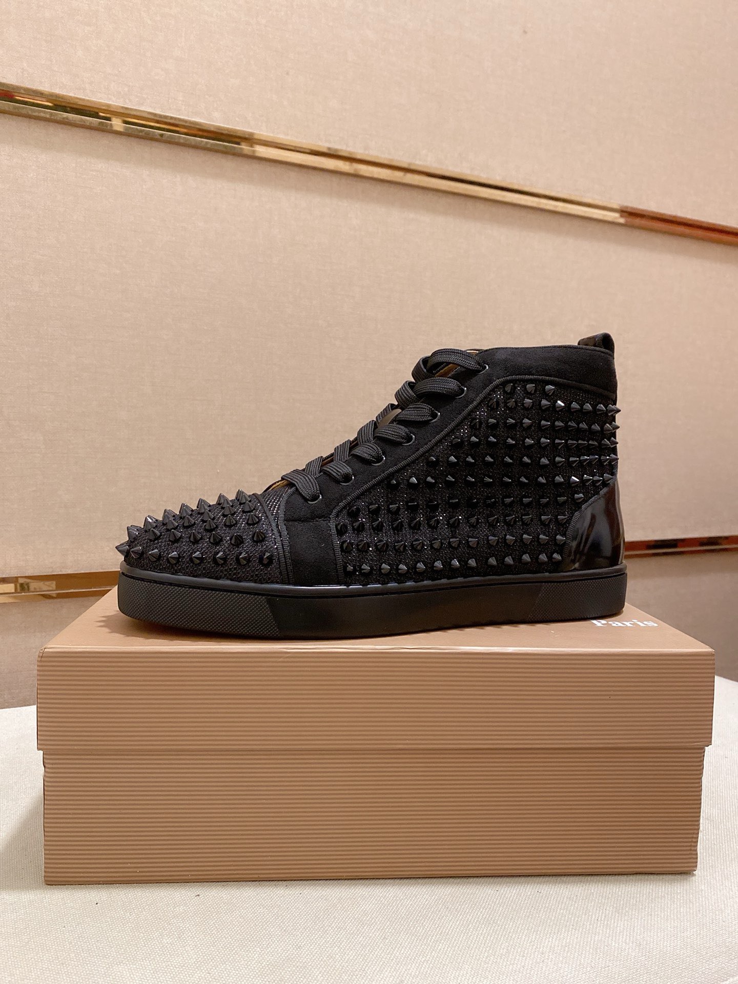 Christian Louboutin Men's Black Leather High-Top Sneakers with Studs 1 Christian Louboutin Men's Black Leather High-Top Sneakers with Studs