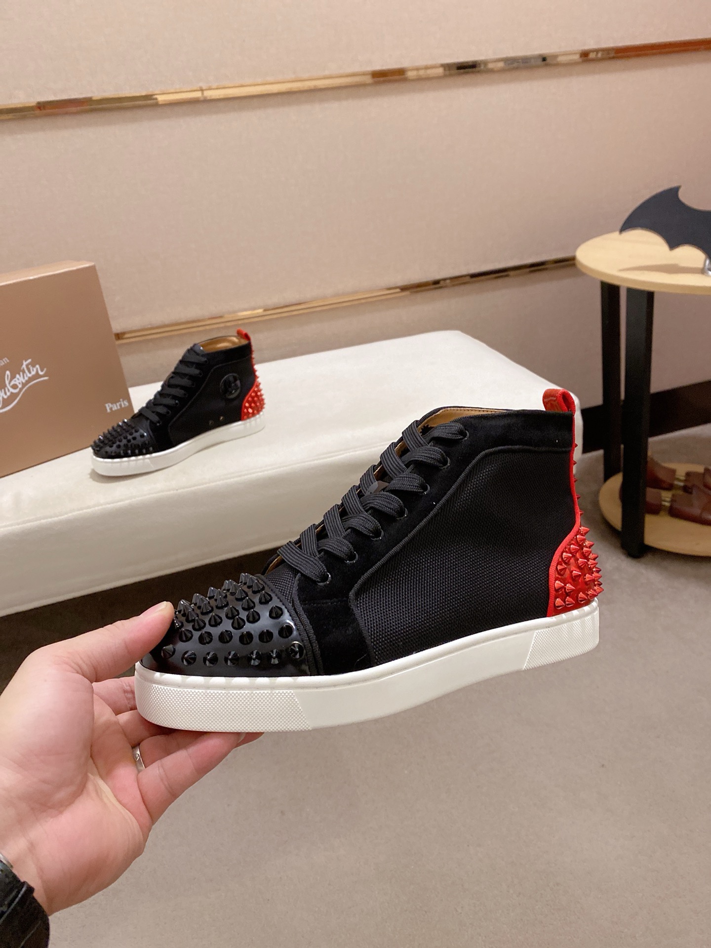 Christian Louboutin Men's Black Leather High-Top Sneakers with Red Spikes 4 i1744698200282 6210 0 2